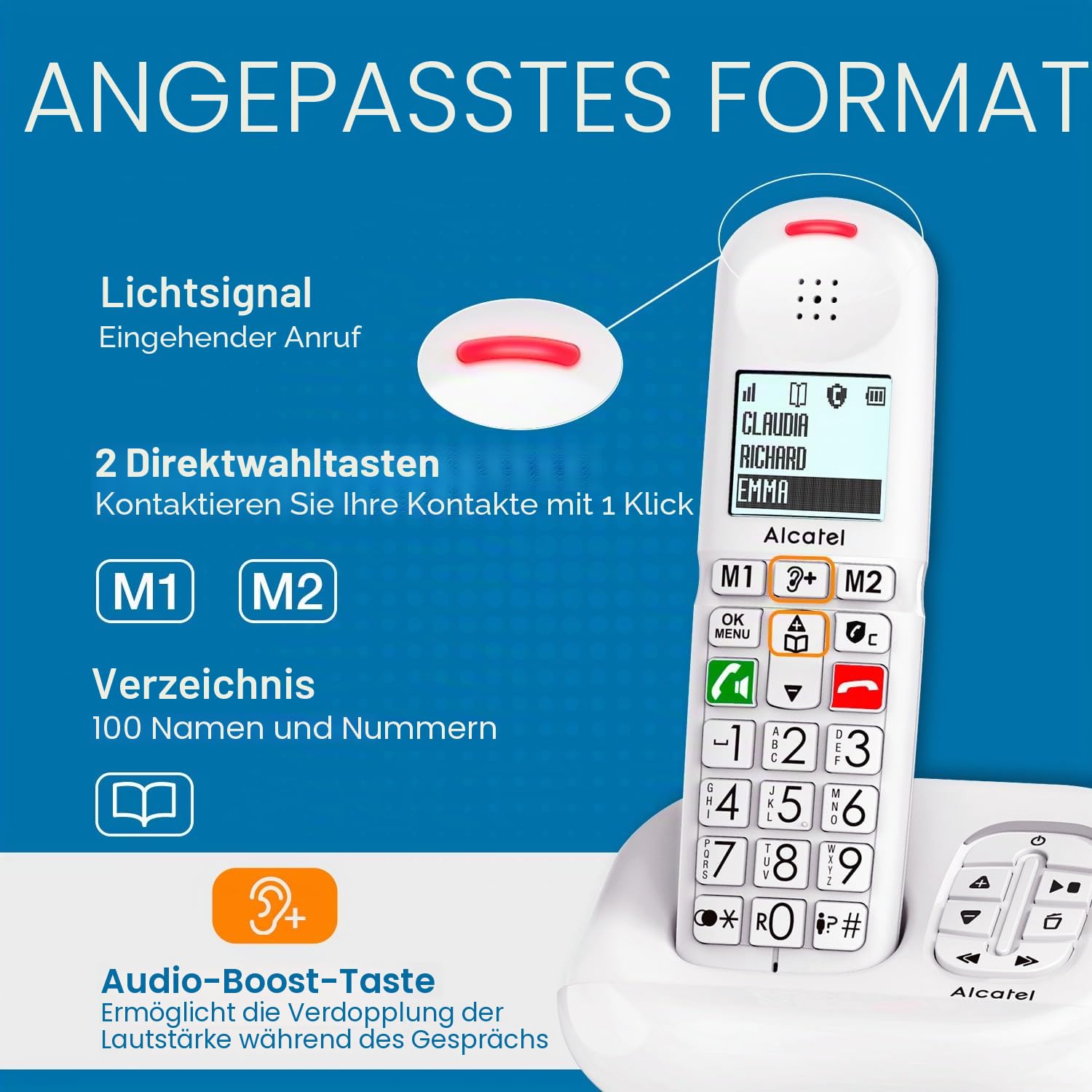 ALCATEL XL685 Voice – Schnurloses Festnetztelefon DECT Senior Format XL mit Anrufbeantworter – Display mit hoher Lesbarkeit – große Tasten – Audio Boost – Freisprecheinrichtung – Anrufsperre – Weiß