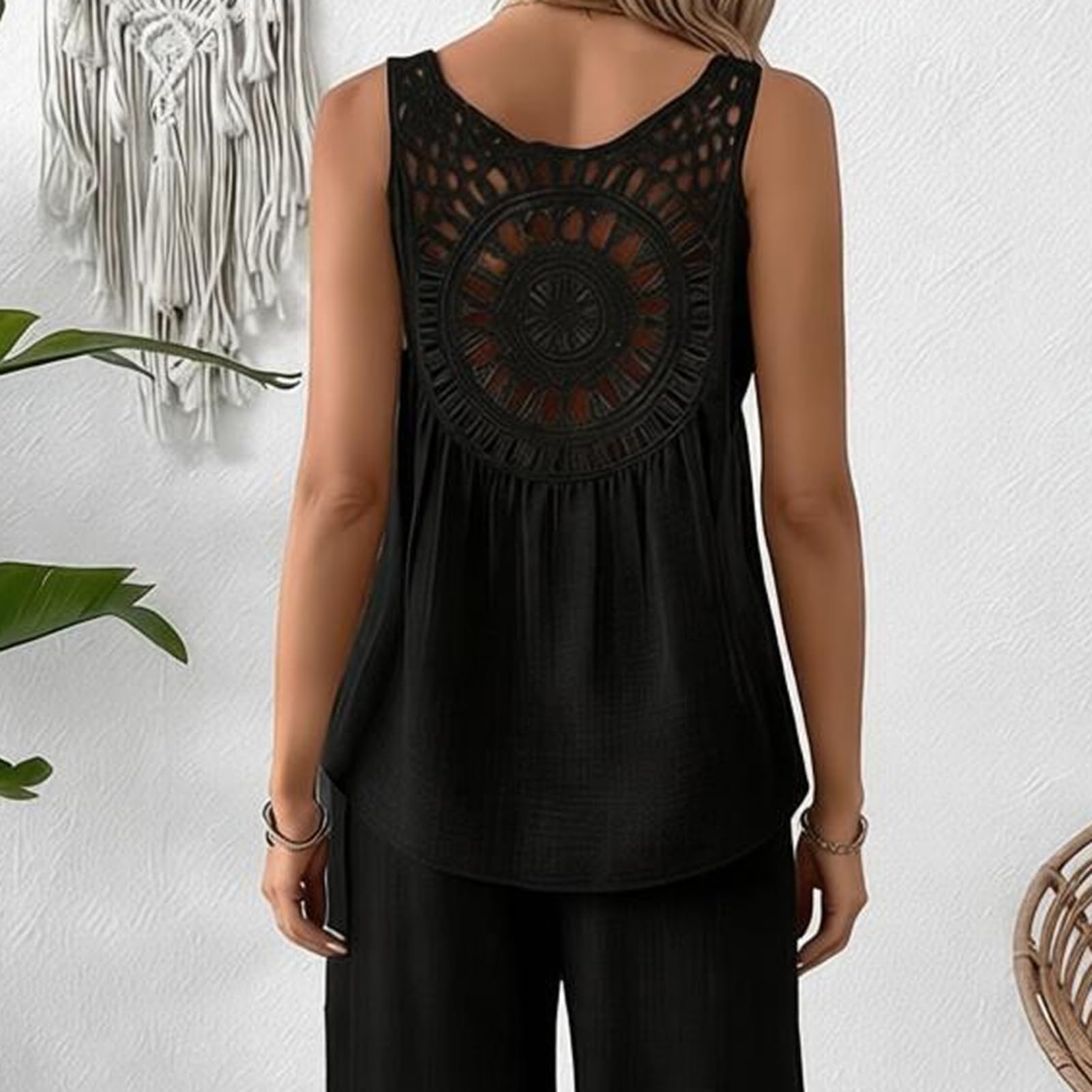Damskie letnie 2-częściowe stroje bez rękawów Hollow Back Top i spodnie z szerokimi nogawkami zestaw boho plaża wakacje salon zestaw