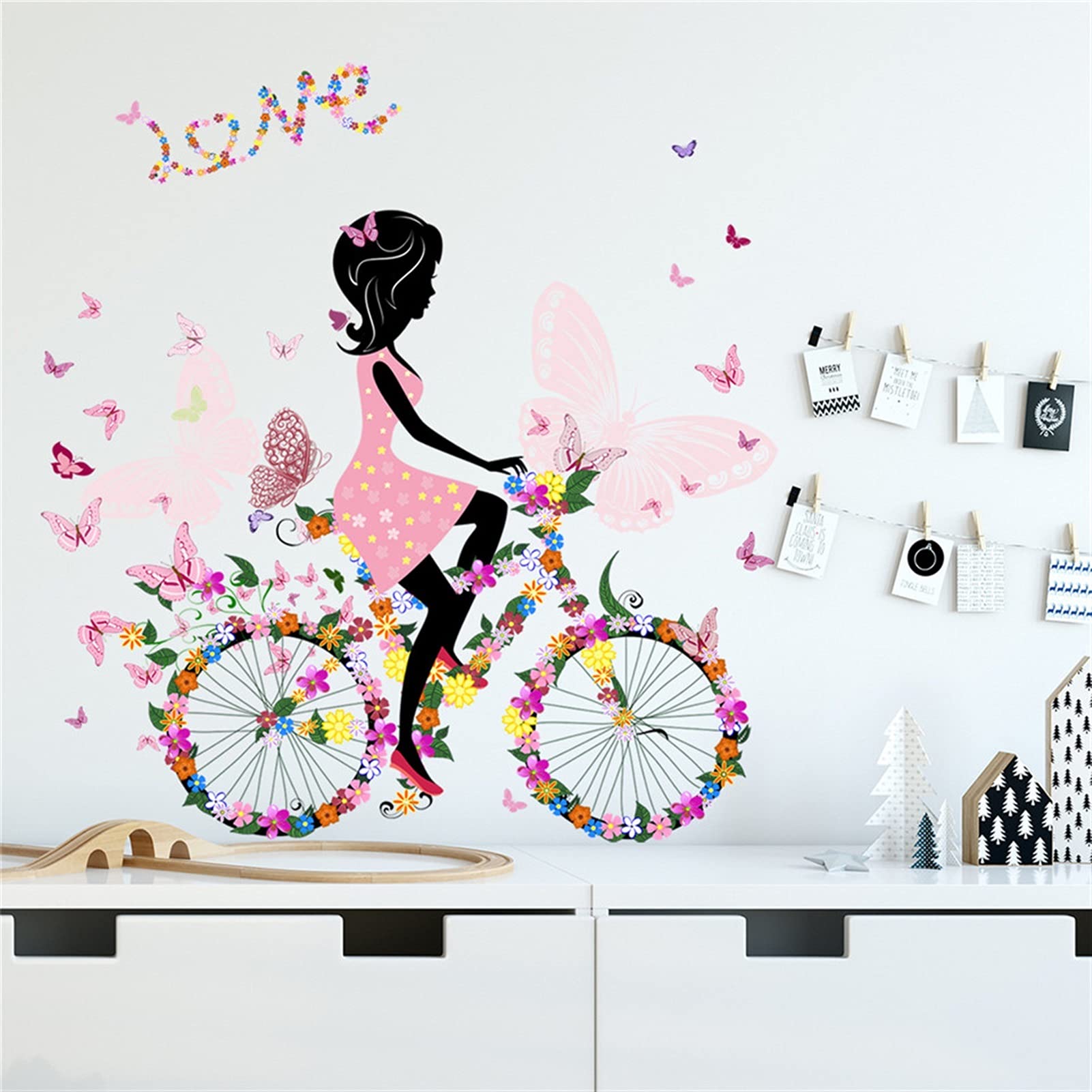 Adesivi ​Murali Ragazza che guida un autoadesivo da muro della bicicletta for le ragazze della camera da letto della camera da letto decorazione della camera da parati della carta da parati rosa del c