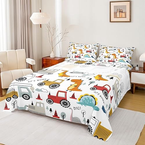 Miniatura 3 de Feelyou Juego de sábanas de construcción para niños, sábanas de dinosaurio de dibujos animados con bolsillo profundo para niños, adolescentes,