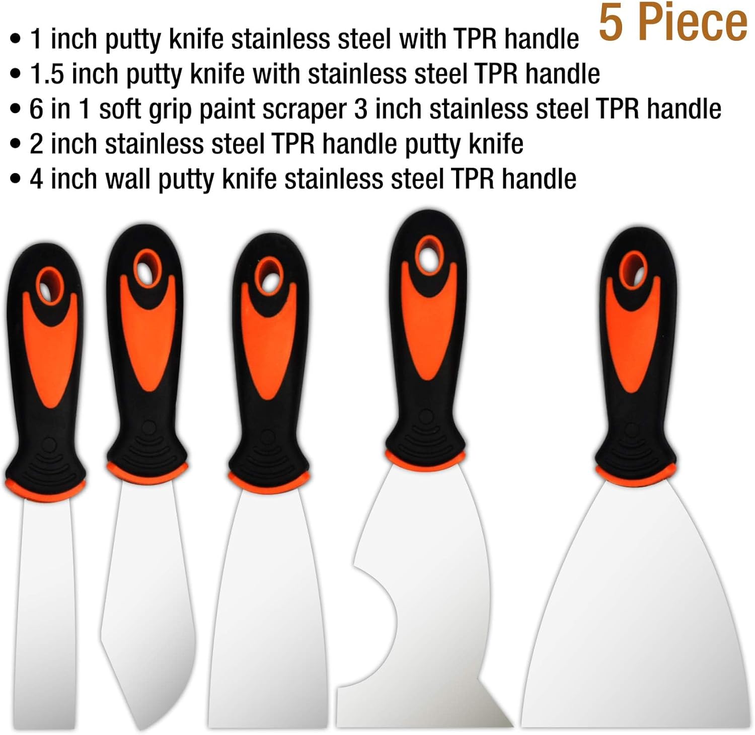 Putty Knife Set, 5 Pcs Paint Scraper (1" 1.5" 2" 3" 4"), Multi-use Scraper Tool, Spackle Knife for Drywall Repair, Wallpaper Removal, Paint Application, Applying Putty, Plaster