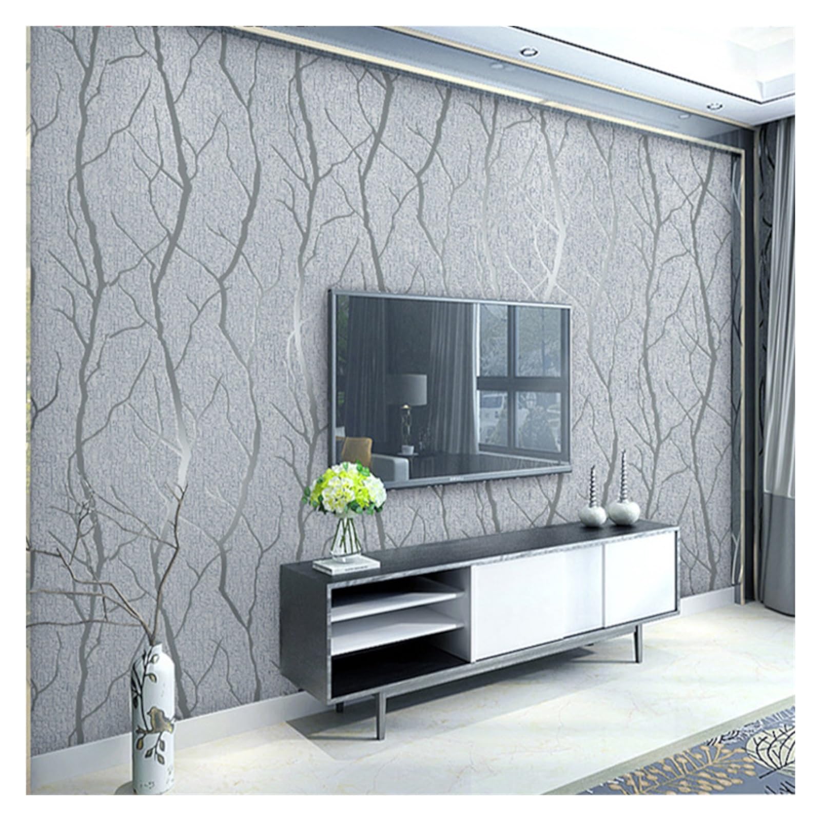 Wwpmnqd 0.53*10M±3% Wallpaper Modern Grey Suede 3D Wallpaper Living Room Background Tree Branches For Living Room(Color01)