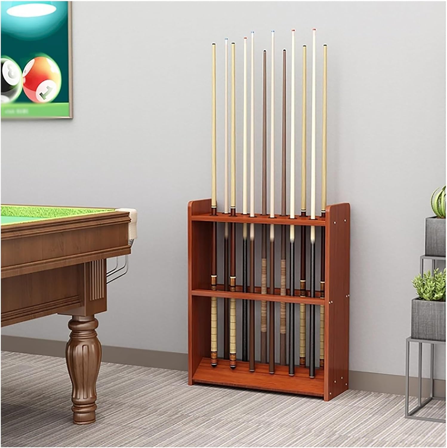Light Walnut Wooden Cue Stick Holder Floor Stand - Billiard Room Corner Rack for Up to 12 Pool Cues - Stylish Pool Table Furniture Organizer