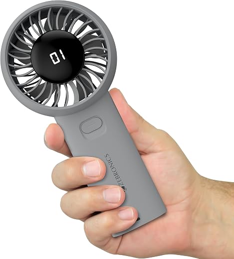 ZEBRONICS Heat Buster 200, Portable Hand Fan, Upto 12h Backup, 3600mAh Rechargeable Battery, 5 Speed Modes, Upto 5.9m/s Airflow, LED Display, for Travel, Makeup, Office, Home (Grey)