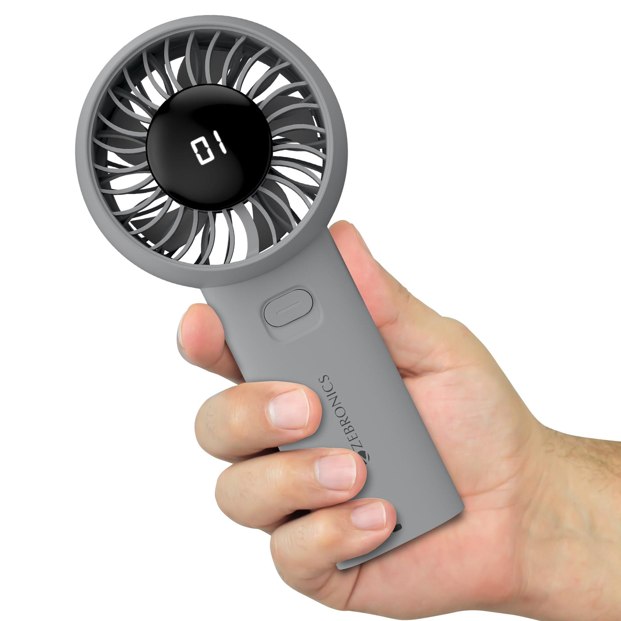 Zebronics Heat Buster 200, Portable Hand Fan, Upto 12h Backup, 3600mAh Rechargeable Battery, 5 Speed Modes, Upto 5.9m/s Airflow, LED Display, for Travel, Makeup, Office, Home (Grey)