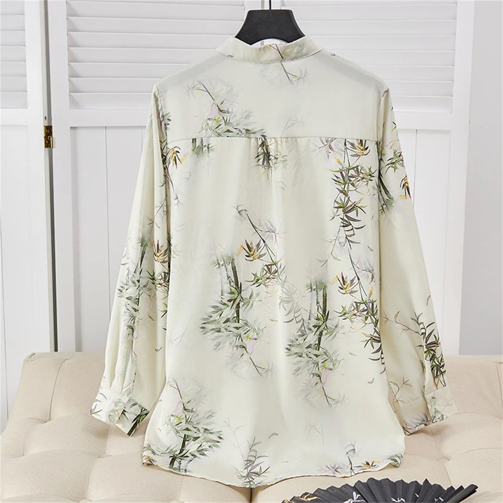 Blusas de estilo chino vintage para mujer, con cuello redondo, estampado floral de seda