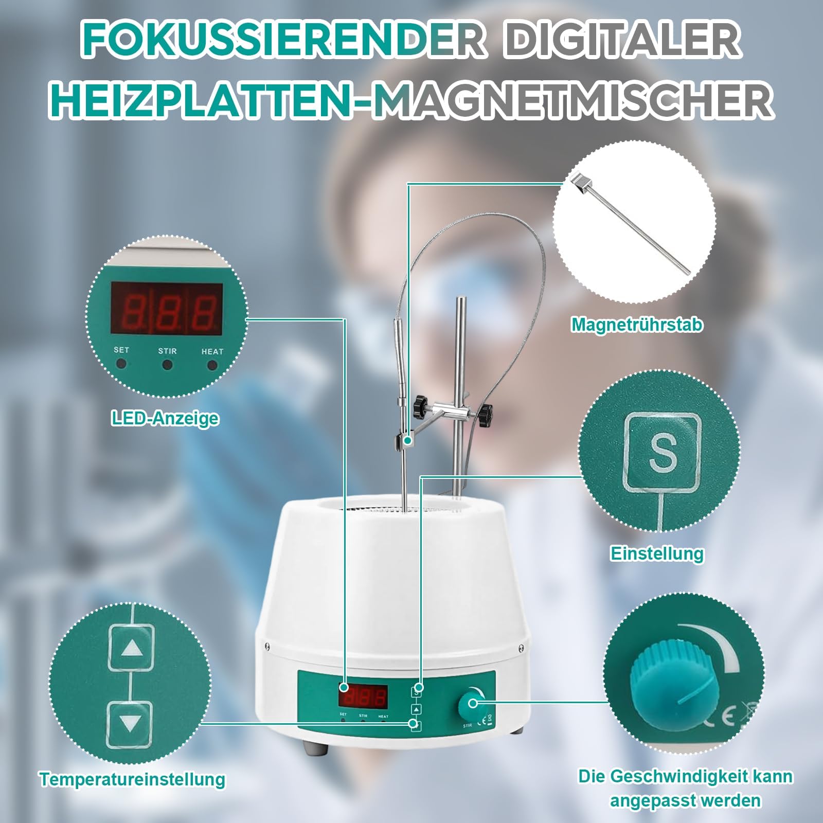 Bata térmica de laboratorio de 1000 ml con indicador digital de temperatura, 0-1600 rpm, 220 V/350 W, temperatura máxima de calentamiento de hasta 450 °C, calentamiento y agitación