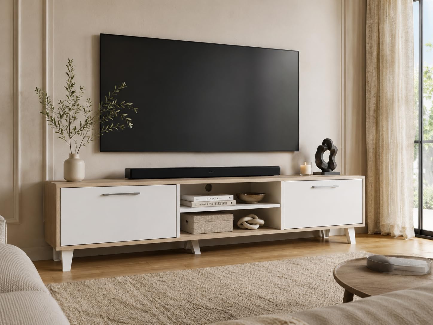 Kumo Engineered Wood TV Unit for Living Room | Modern Entertainment Center with 2 Door Cabinets & Open Storage Shelves | TV Stand for Up to 75 Inch Television | Oak & White Finish | 1800 mm-image-43