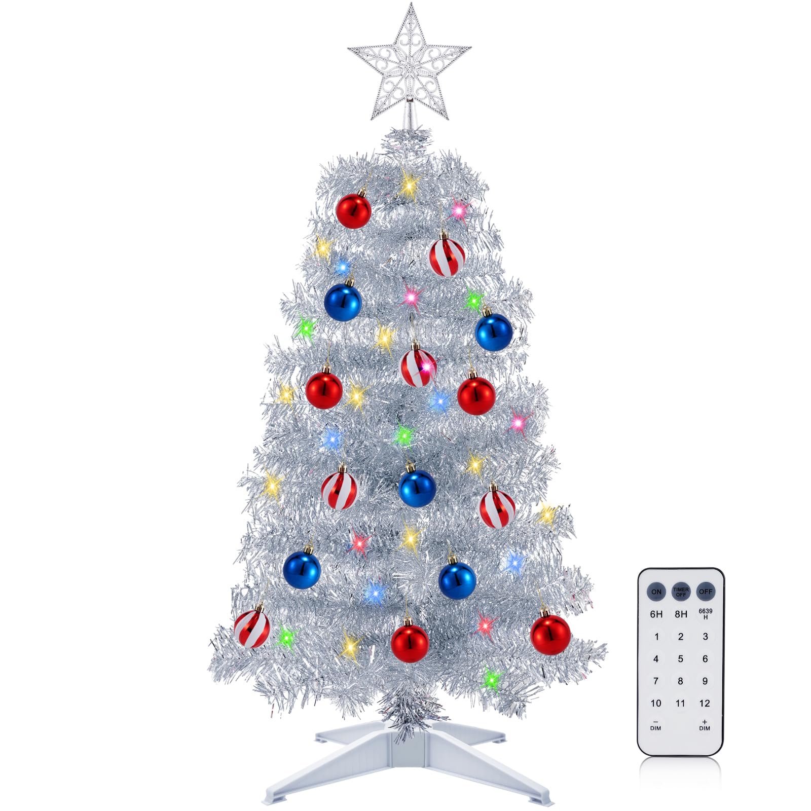 [ Timer & 12 Modes ] 3 Ft Sliver Christmas Tree with DIY 50 Warm White & Multi Color Lights 15 Ball Ornaments 3D Star Remote Control Battery Operated Pencil Full Tree Xmas Christmas Decorations Table