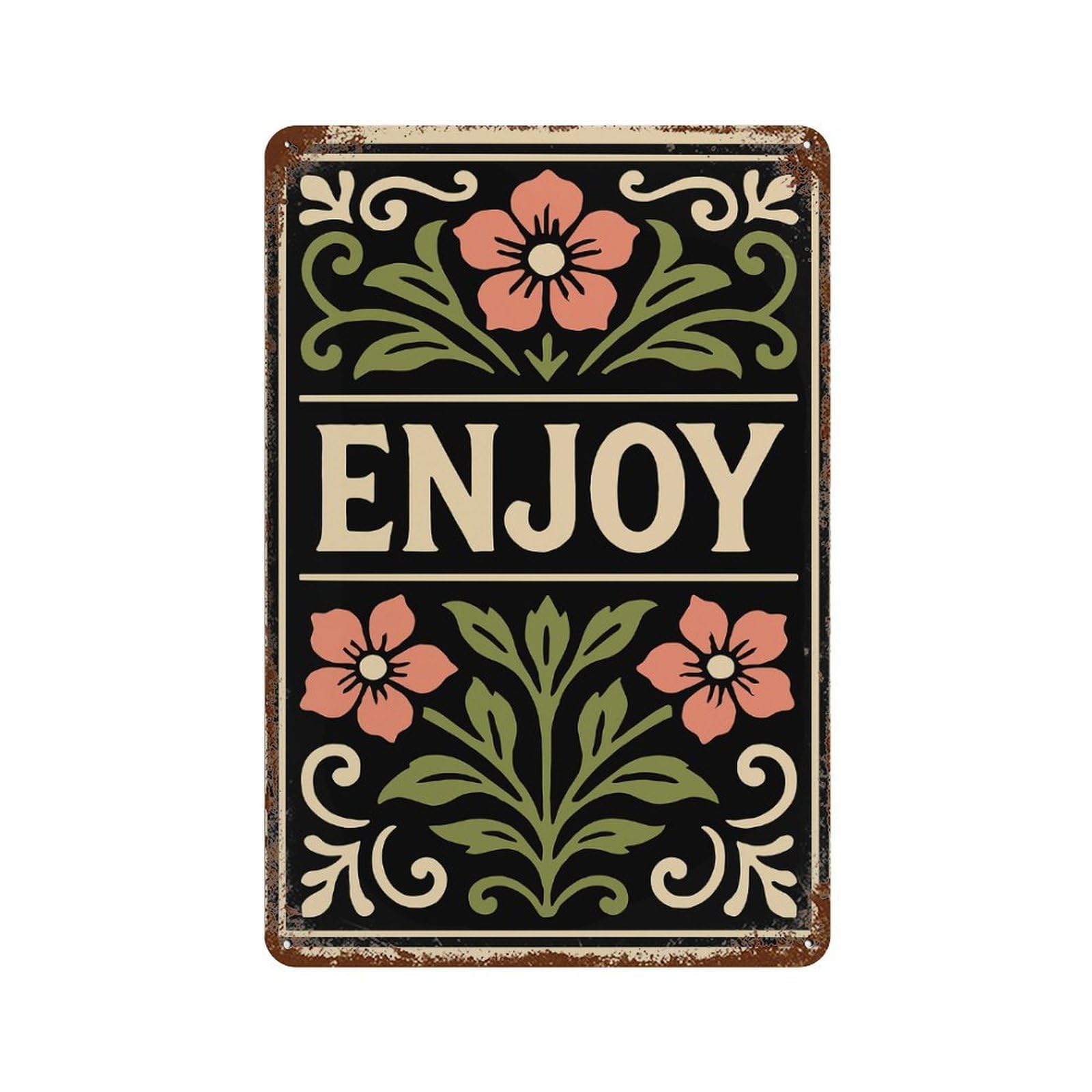 Enjoy Floral Art Nouveau Illustration 11.8"x7.9" Decorative Tin Sign, Retro Wall Decor for Bistro, Counter And Cafe Decor