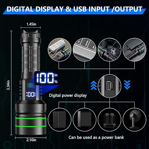 Miniatura 5 de RFICUH - Linterna recargable de alta potencia, 60 W, súper brillante, 2000 lúmenes, XHM77.2, LED de alta potencia táctica más brillante, linterna de