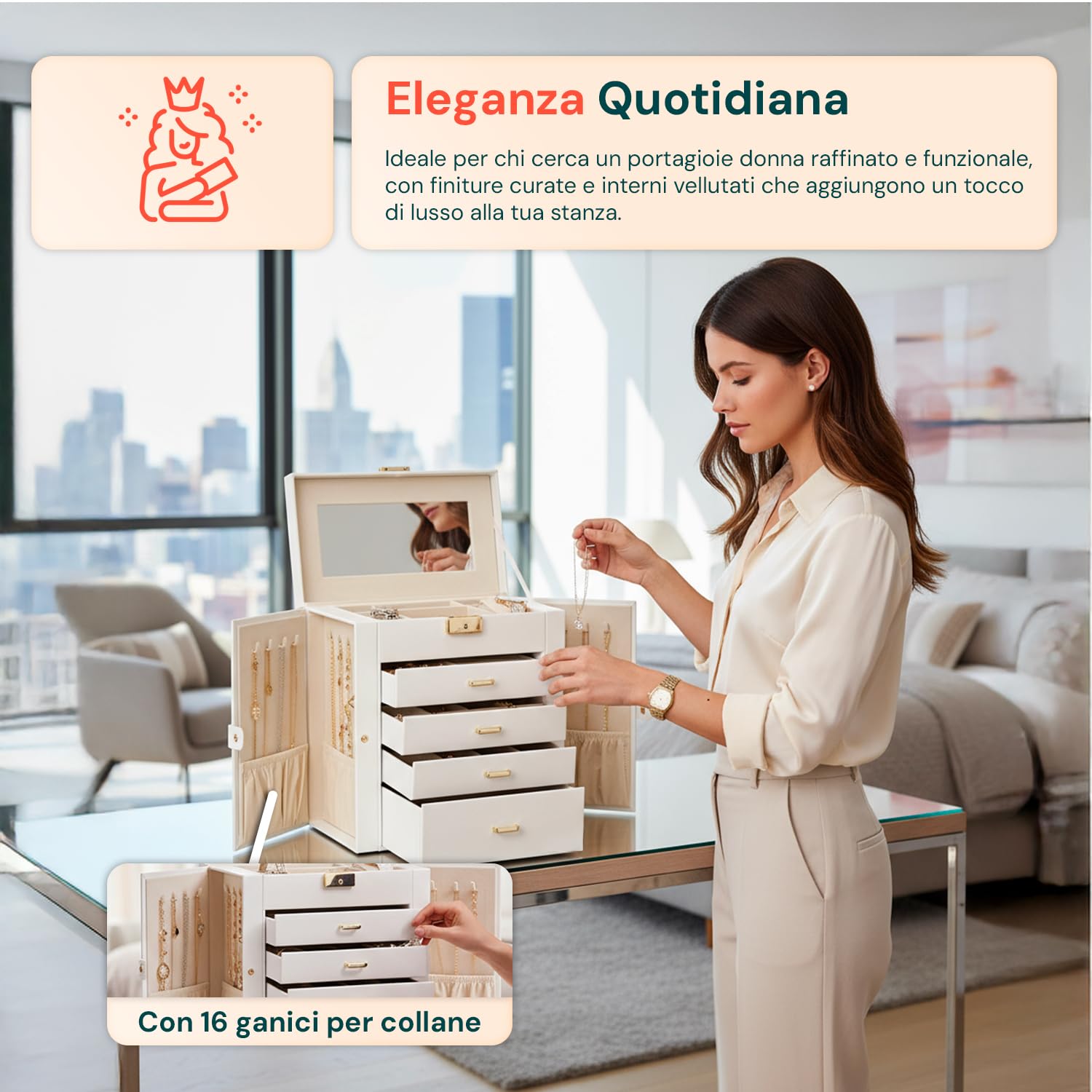 Avilia - Portagioie Moderno Donna Funzionale, Specchio Integrato, 4 Cassetti, Organizer Capiente e Antigraffio con Scomparti Regolabili, Ideale come Regalo Elegante