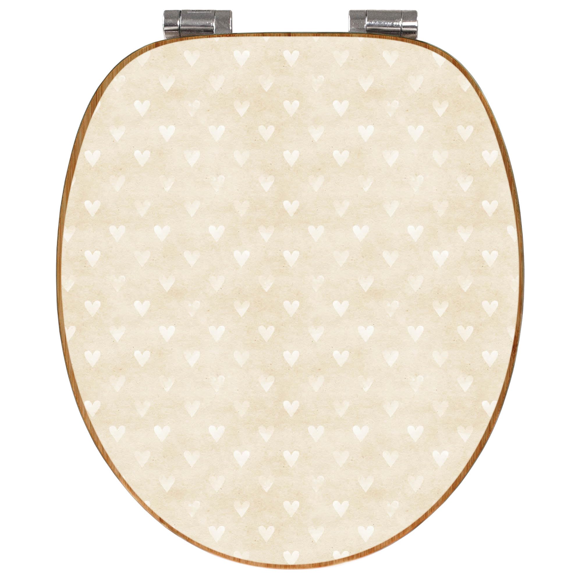 banjado Design WC Sitz Bambus Absenkautomatik 45,8x37,5cm - Toilettendeckel mit Absenkautomatik Holz - hochwertiger Bambus Klodeckel - WC-Sitz für gängigen Toiletten - Motiv Beige Herzen