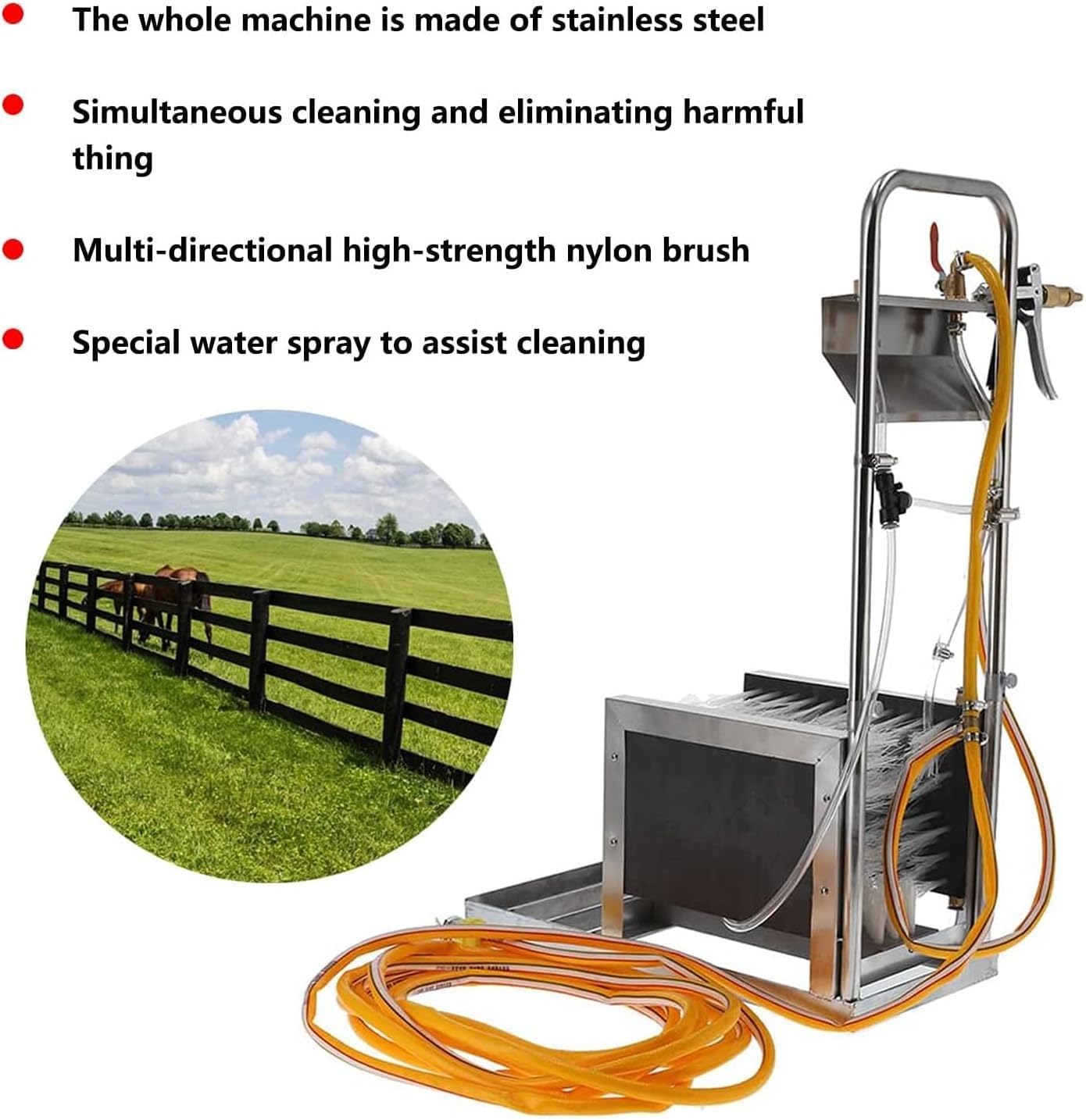 Rondella per bagagliaio in acciaio inox con spazzole a 3 lati e pistola a spruzzo d'acqua, rimuove sporco, neve e fango per la pulizia automatica di aziende agricole, ranch, veterinari