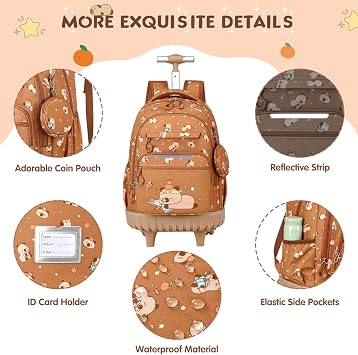 3 PCS Capybara Rolling Backpack for Boys Girls with Lunch Bag