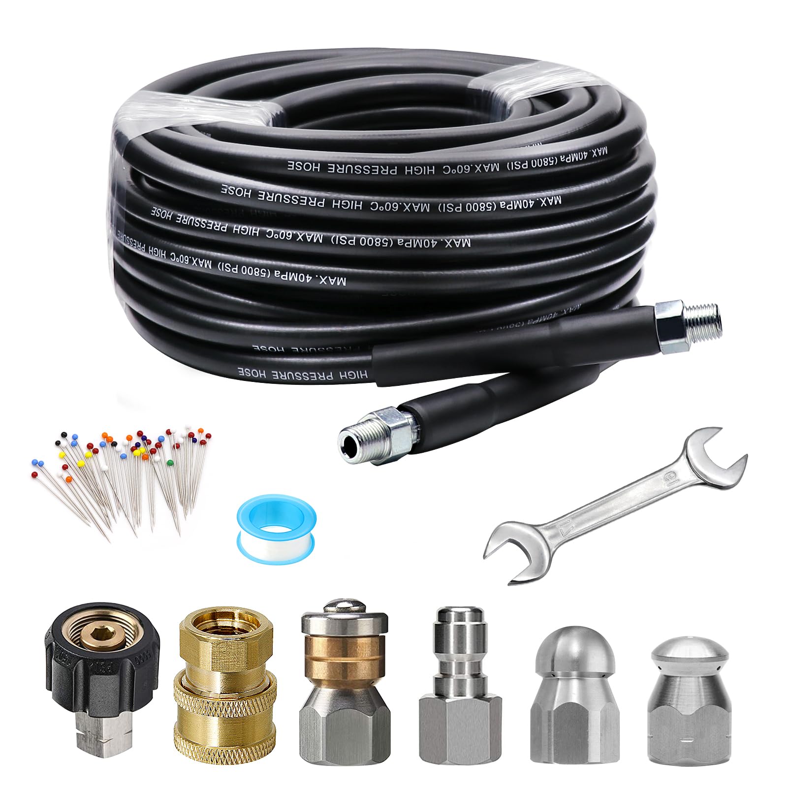 WEST BAY Sewer Jetter Kit 25 FT for Pressure Washer, 5800 PSI Drain Cleaner Hose 1/4 Inch NPT Corner Rotating and Button Nose Sewer Jetting Nozzle Spanner WatertightTape Pearl Corsage Pin