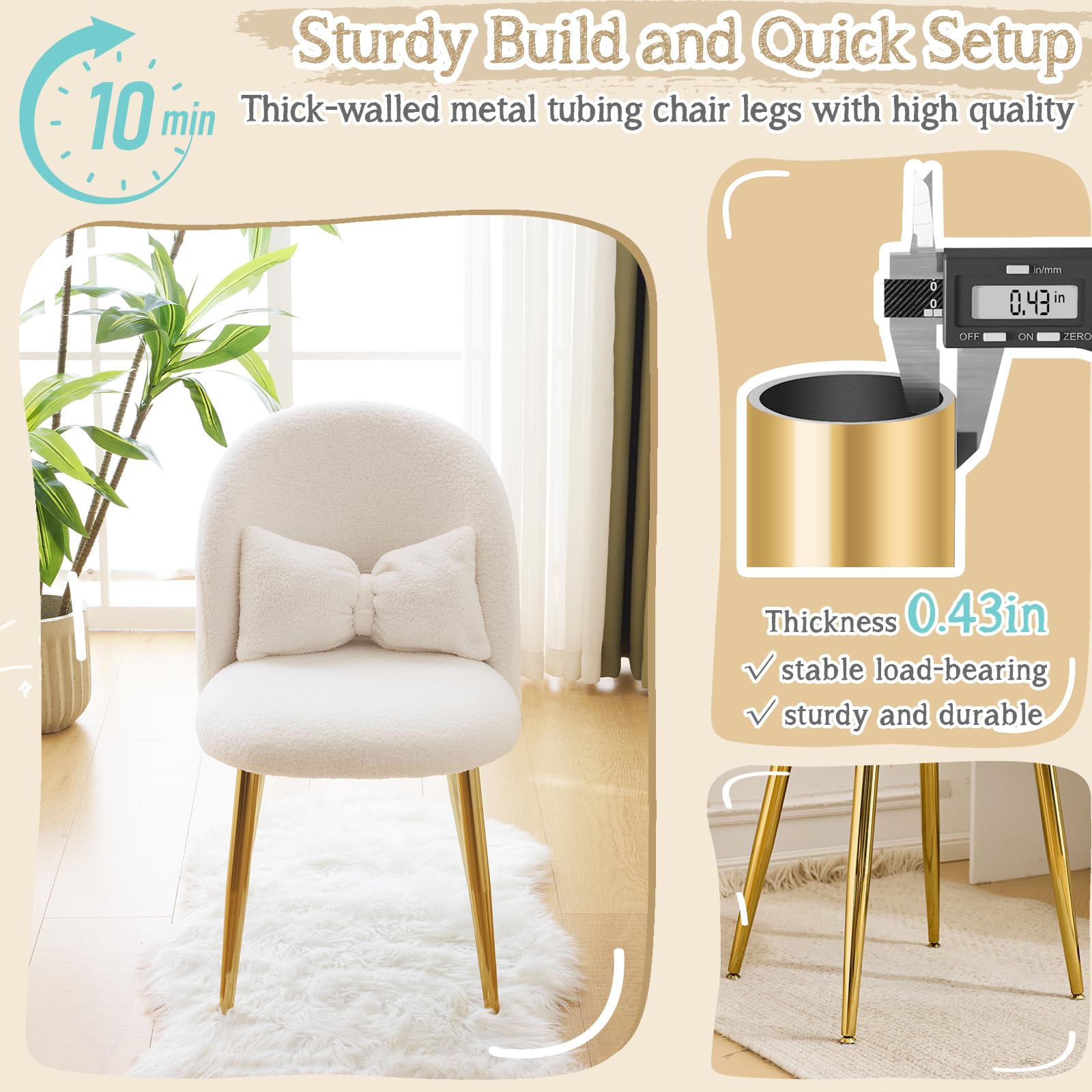 Bonnlo Silla de Maquillaje, Silla Tocador, Sillas de Comedor, Patas Doradas Ajustables y cojín con Lazo para Dormitorio, Sillón Salón para Tocador u Oficina en Casa (Tejido Teddy, Blanco)