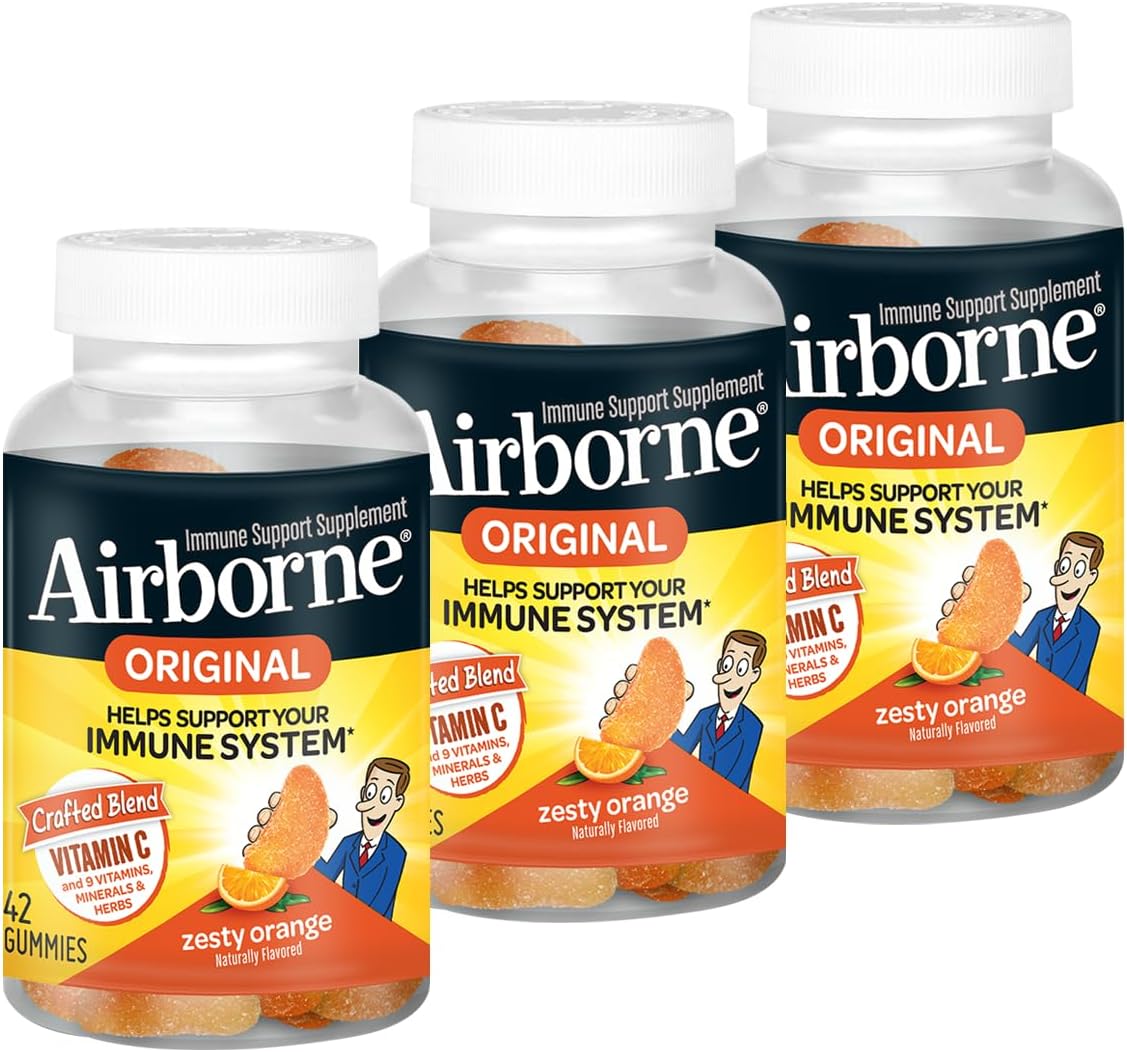Airborne 750mg Vitamin C Immune Support Supplement Gummies for Adults, Zesty Orange Flavor, Gluten Free Crafted Blend with Powerful Antioxidants Vitamins C & E, 42 Gummies (3 Pack)