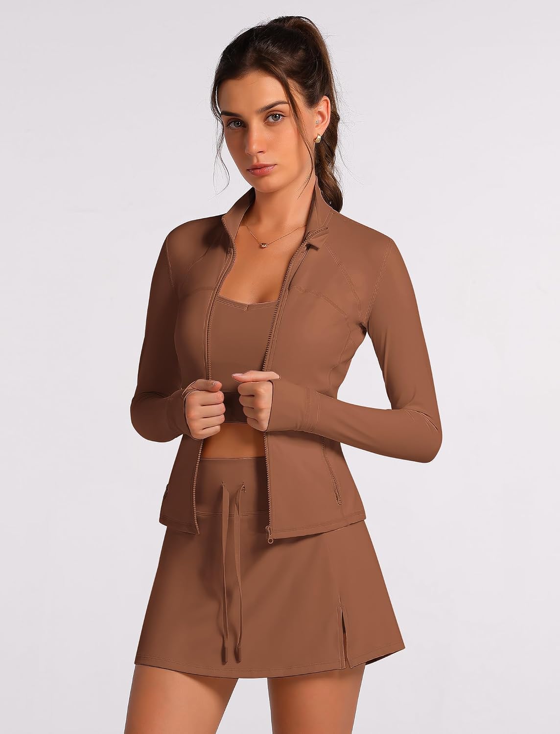 Women's Tennis 3 piece Outfits Long Sleeve Zip Up Jacket with Cami Top and Skirt Skorts Athletic Workout Outfits