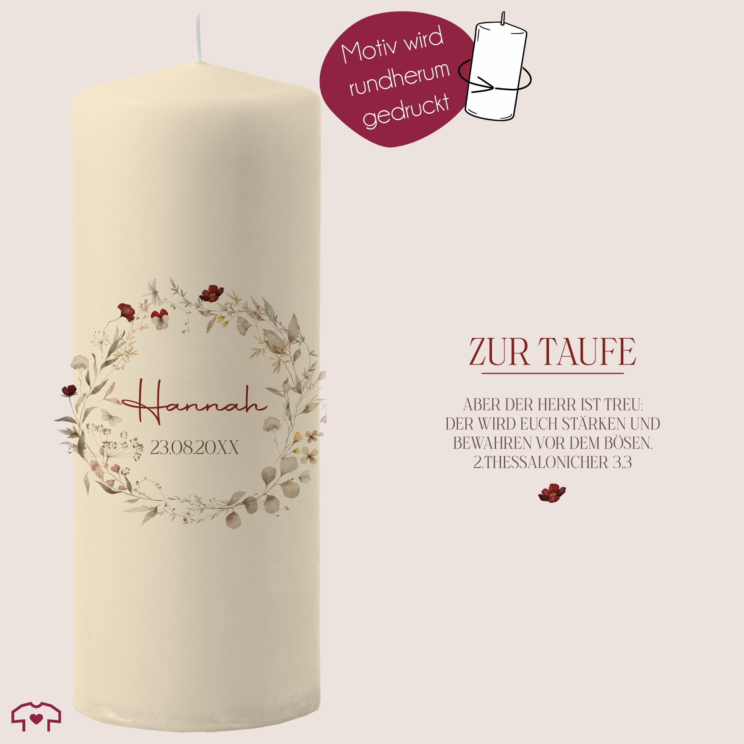 Taufkerze - Taufe - Wildblumenkranz mit Name Datum Wunschtext - Deko Taufgeschenk personalisiert - 230/78 mm - Elfenbein