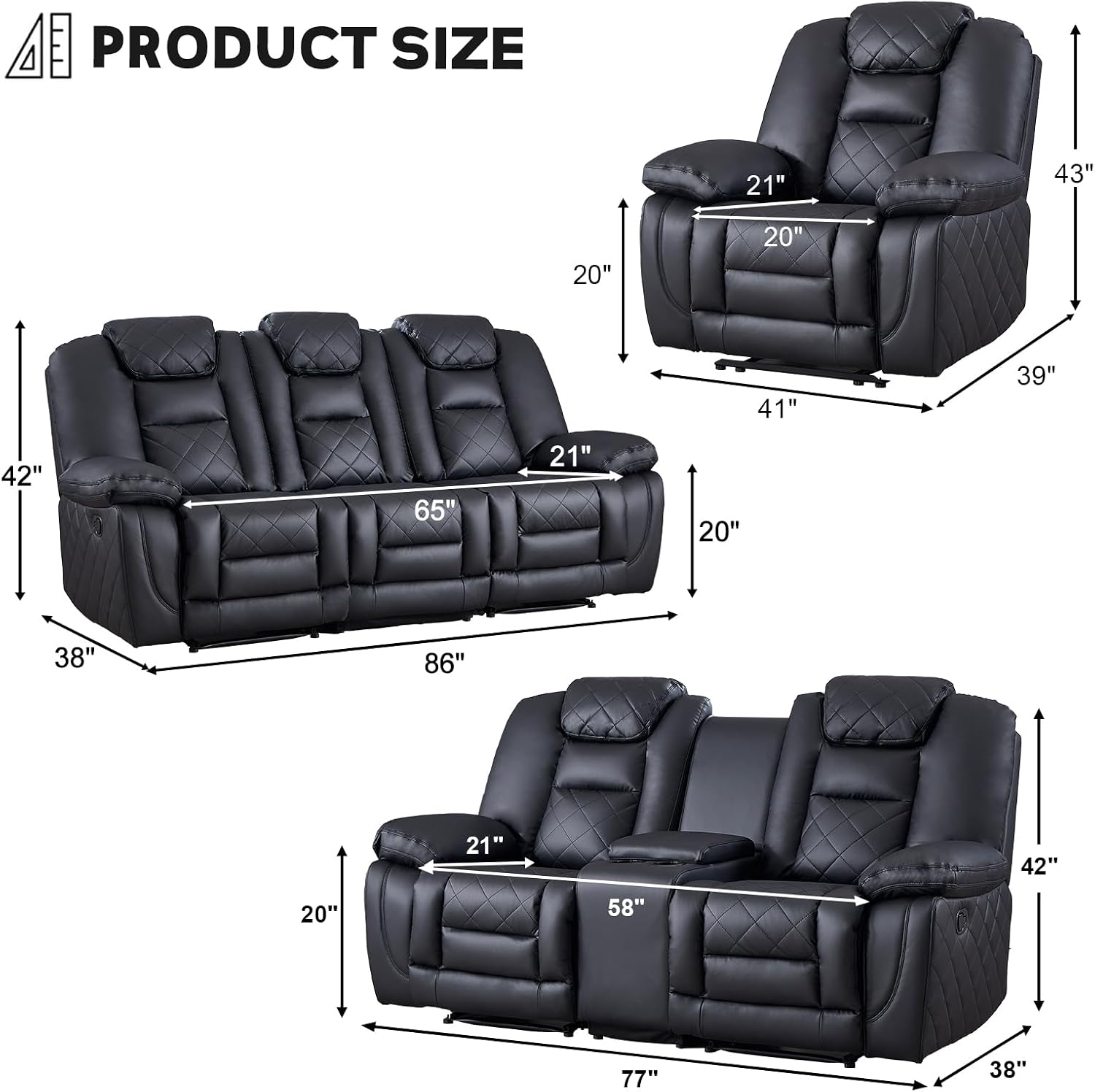EBELLO Faux Leather Recliner Sofa Furniture Set for Living Room, Recliner Chair, Manual Loveseat, 3 Seat Reclining Sofa Couch Home Theater Seating Set, for Meeting Room, Black