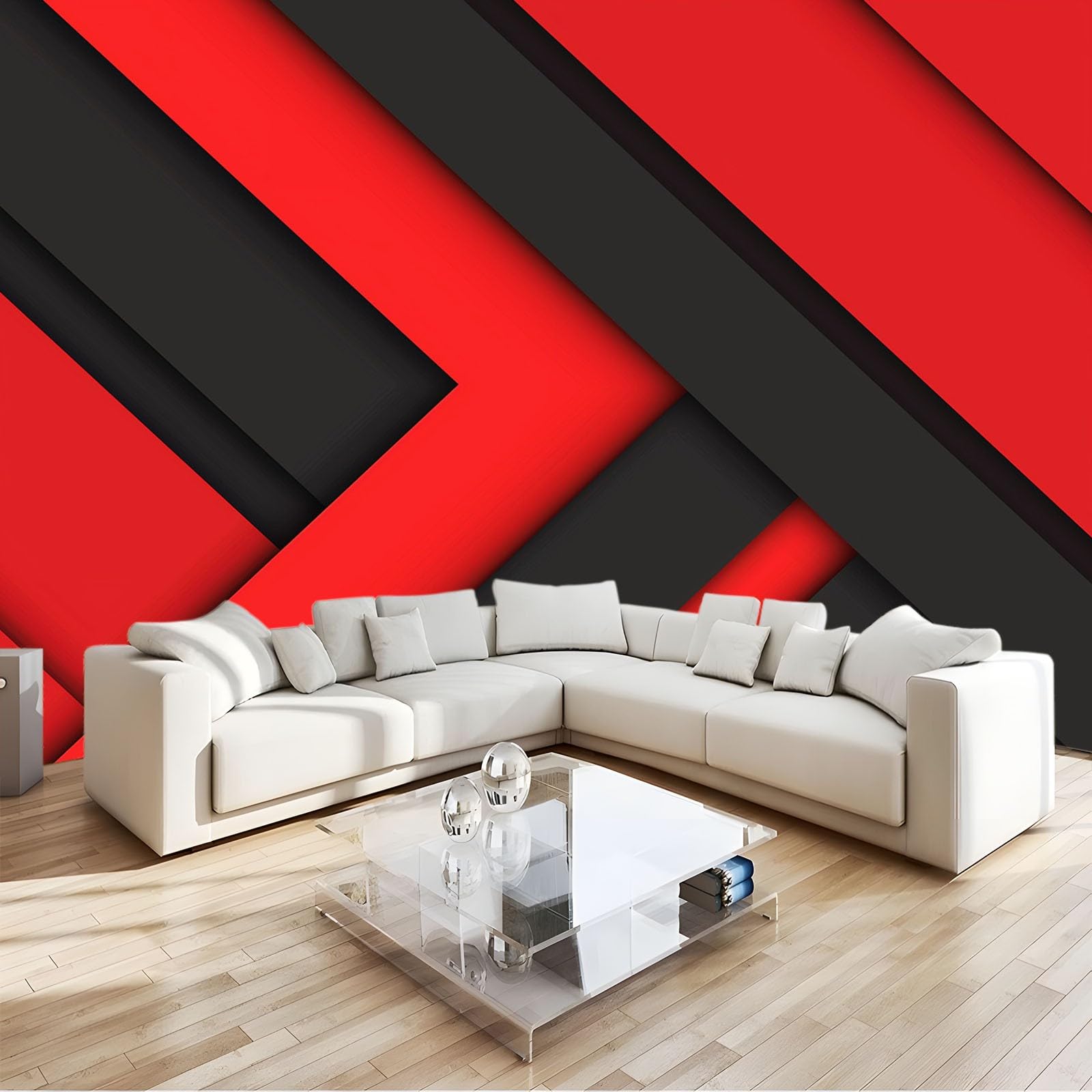 Papier Peint Panoramique 3D Géométrie Rouge Tapisserie Intissé 300x210 cm