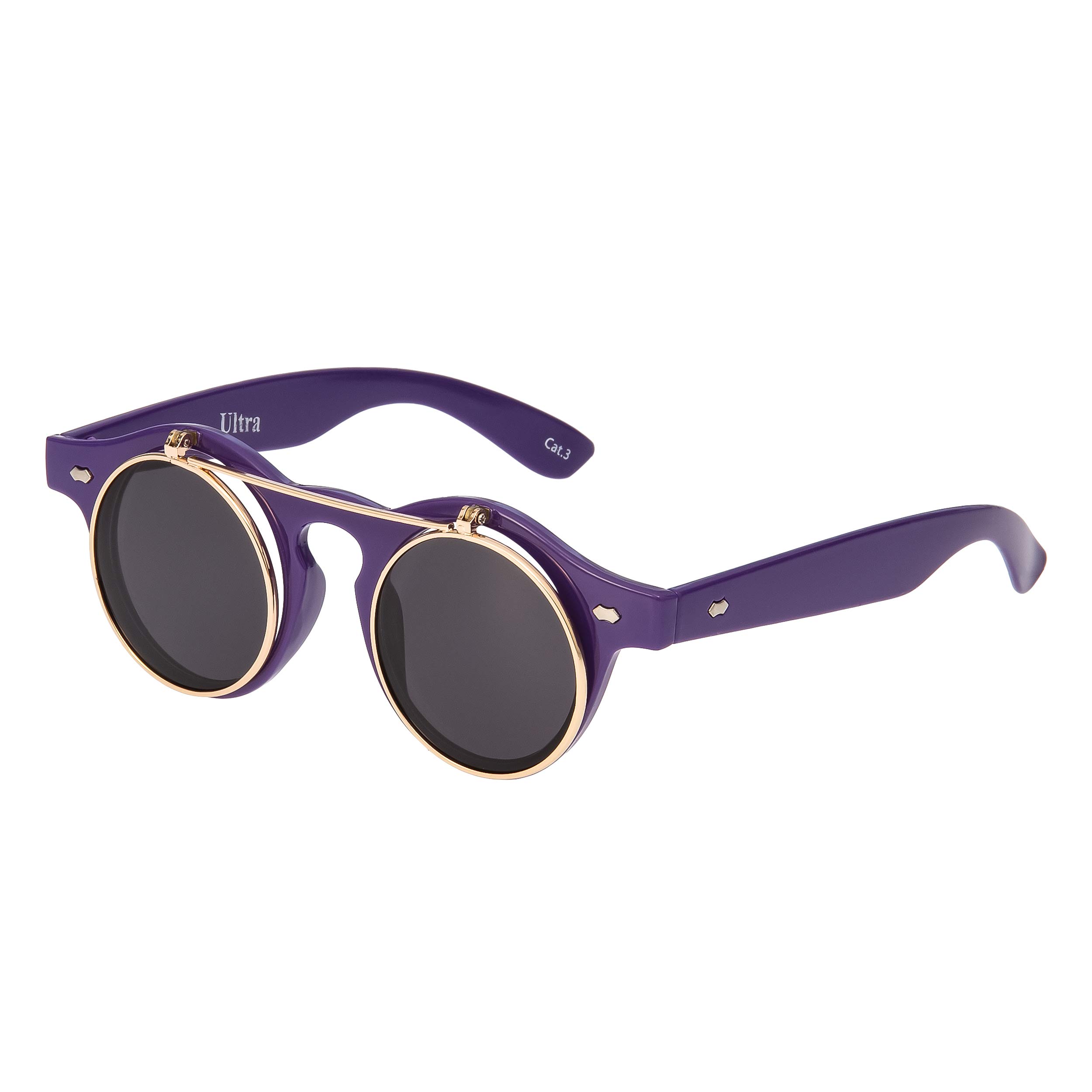 UltraByEasyPeasyStore Ultra Small Round Steampunk Flip Up Sunglasses - UV400 Protection, Unisex Retro Design with Polycarbonate Lenses for Men & Women - Purple with Black Lenses