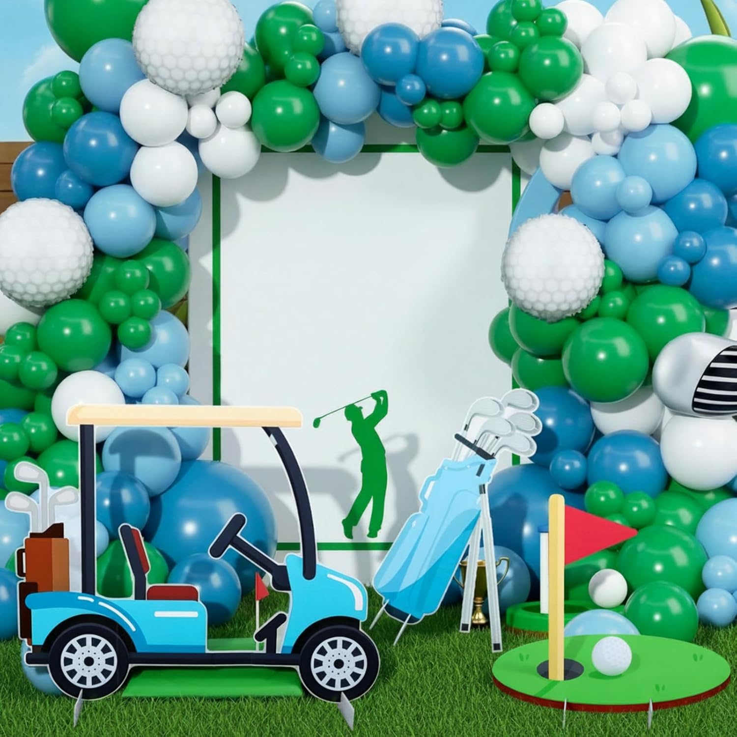 3 Pcs Large Golf Birthday Party Decorations Kit Include Hole in One Photo Booth Props Golf Carts, Bags, and Balls Stand Decor for Birthday Baby Shower Retirement Party Decor