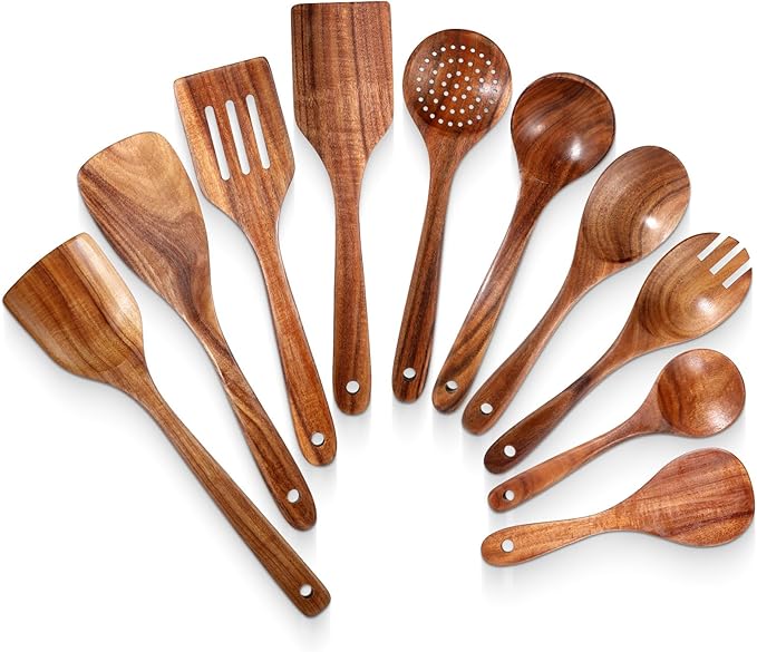10 Pcs Wooden Cooking Utensils Set, Natural Teak Wood Spatula, Slotted Spatula, Soup Ladle, Spaghetti Spoon, Strainer Spoon, Salad Fork and Mixing Spoons for Kitchen, Non Stick & Heat Resistant Design