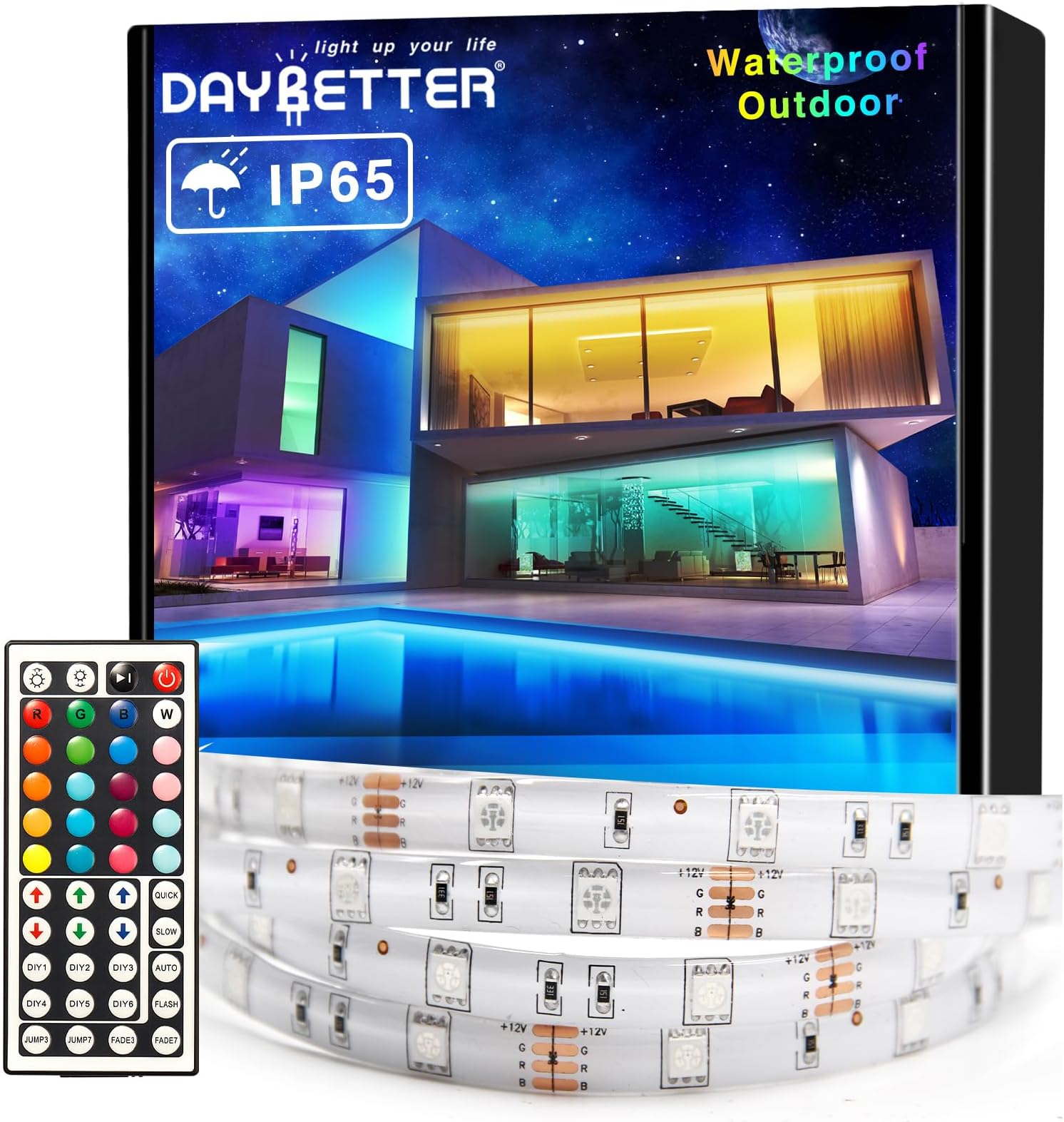 DAYBETTER Waterproof Led Lights for Bedroom, 32.8ft (2 Rolls of 16.4ft) Led Strip Lights, 300 LEDs Color Changing RGB 44 Keys Remote Controller, 12v for Outdoor Room Home Party Christmas Decoration