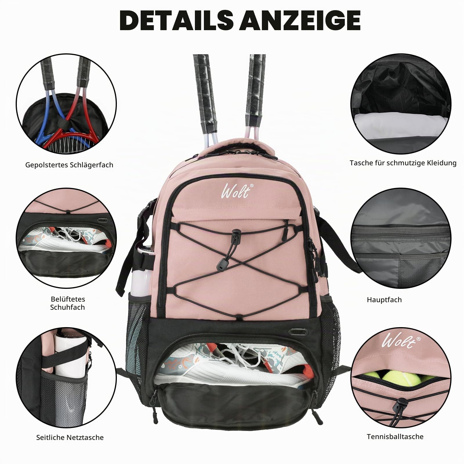 WOLT Tennis-Rucksack für Herren und Damen, große Tennisschlägertasche mit belüftetem Schuhfach für 2 Tennisschläger, Pickleball-Bälle