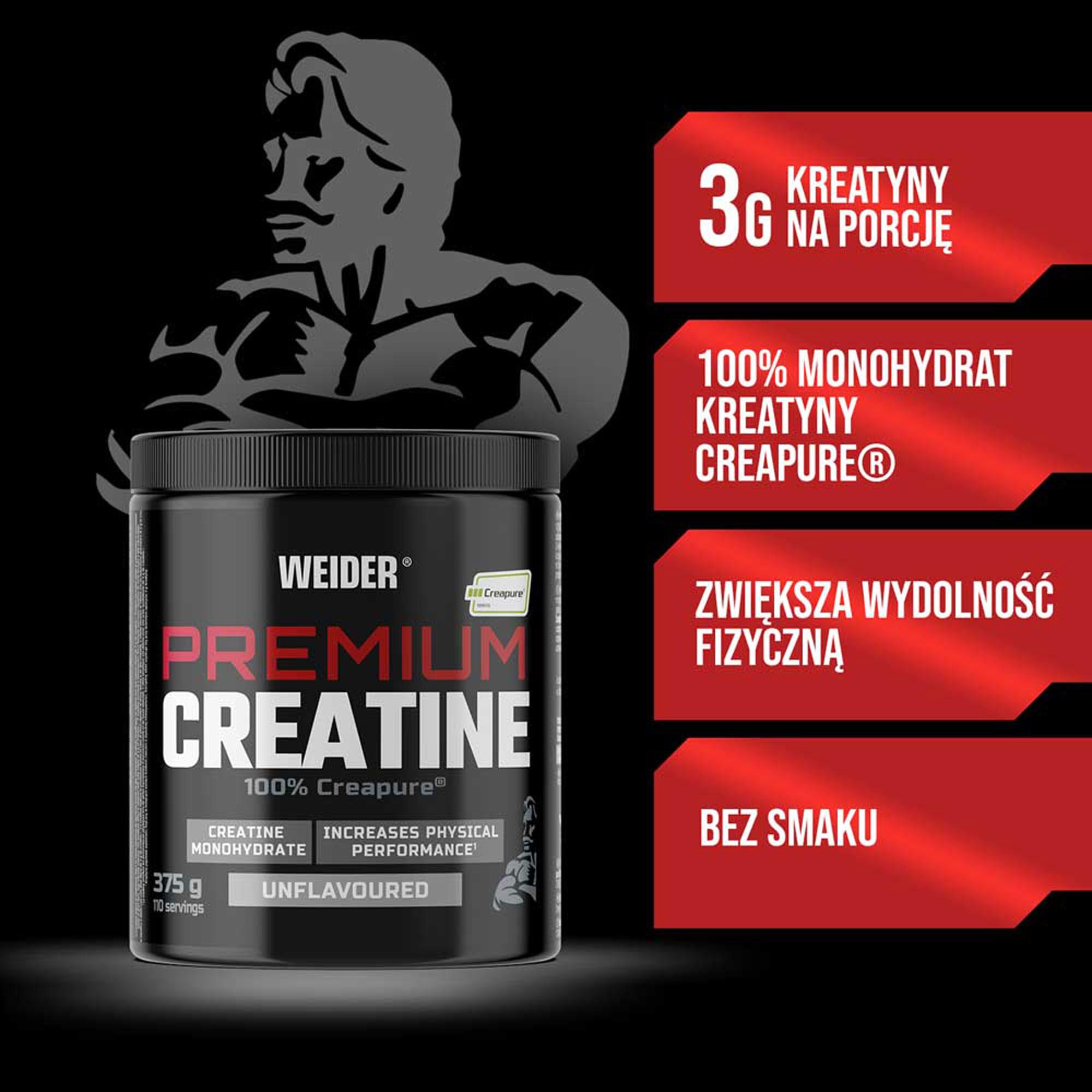 Kreatyna Weider Premium Creatine 375 g, 100% Monohydrat Kreatyny Creapure, Bez Cukru, Wegańska, Wspiera Wydolność Fizyczną, Smak Neutralny