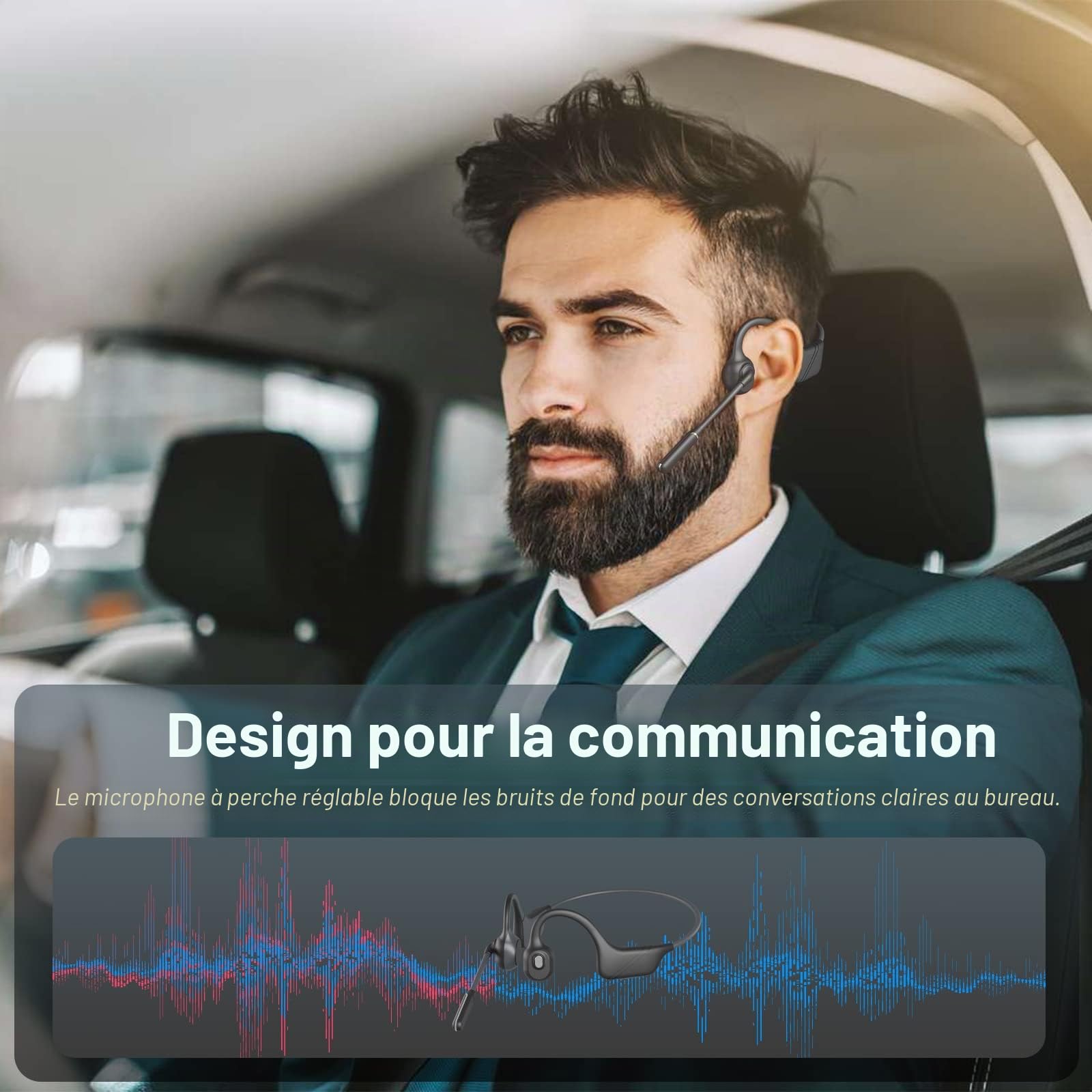 MONODEAL Casque à Conduction osseuse avec Micro, écouteurs Bluetooth 5.3 à Oreille Ouverte avec Microphone à flèche antibruit pour Le Travail, la Conduite, Le Bureau à Domicile