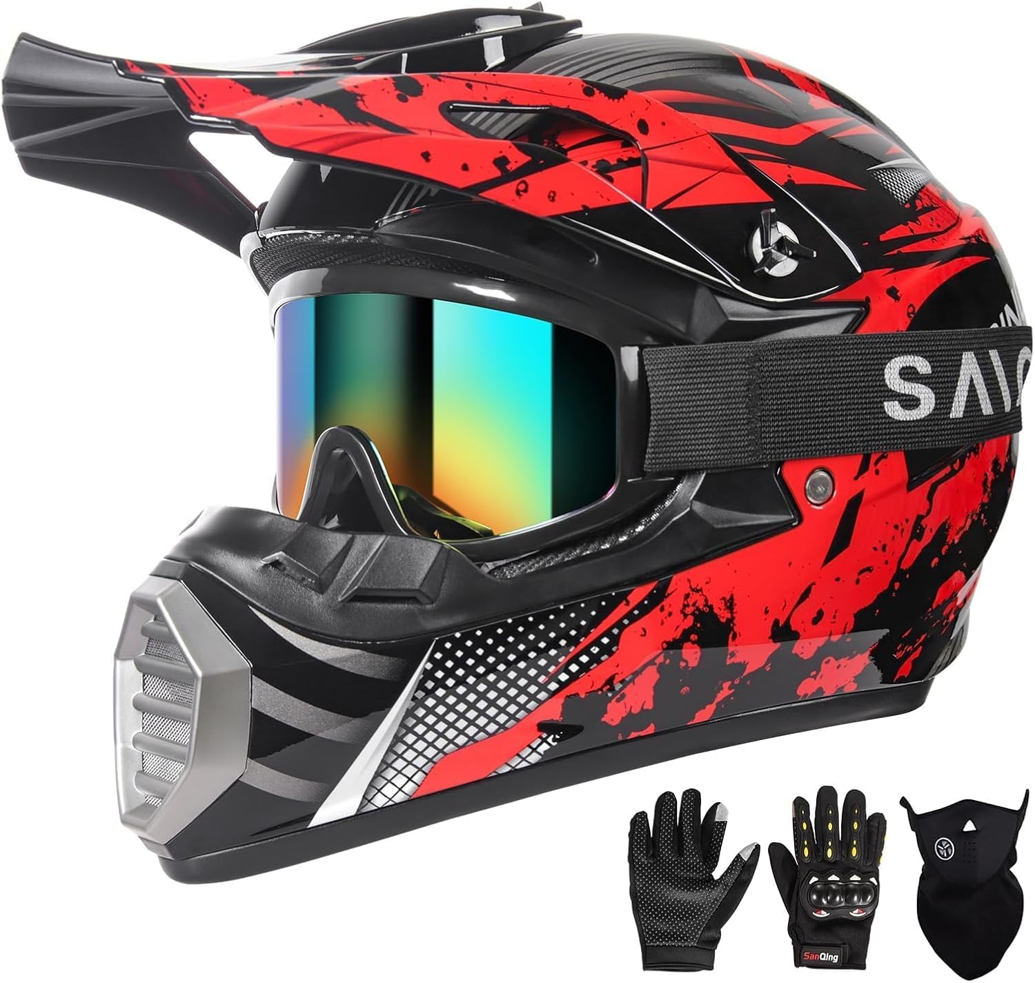 Youth Kids Motocross Helmet, Adult ATV Dirt Bike Helmet, Off-Road BMX 4-Wheeler Full Face Motorcycle Helmet W/Goggles Gloves & Mask, DOT Approved, Red Camo, S Black Small