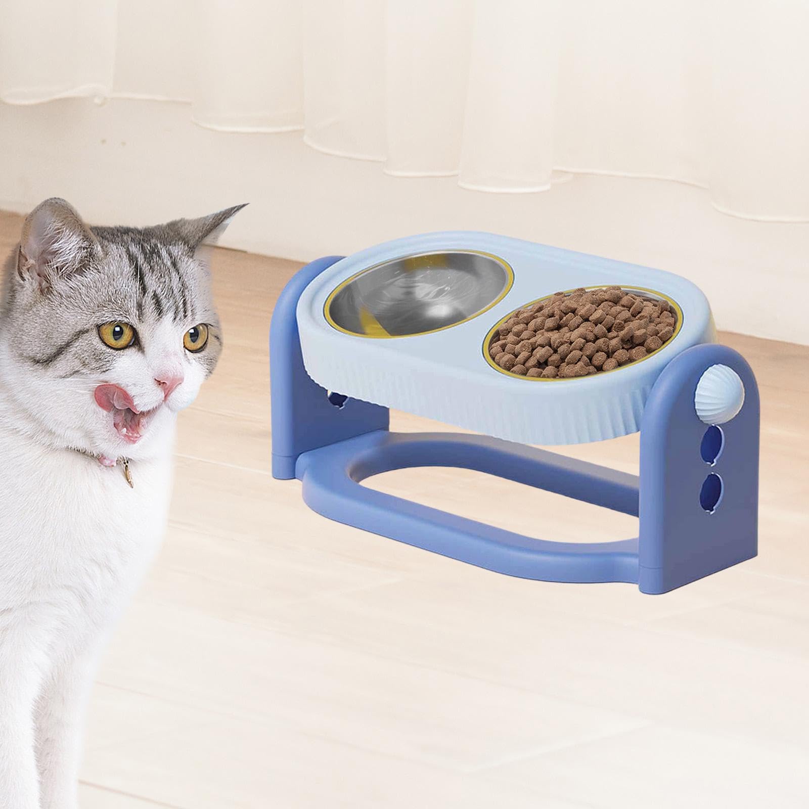 Ciotola Gatto Rialzata Ergonomica Stazione Alimentare con Supporto Regolabile Doppia Ciotola Inclinata in Acciaio Inox Facile da Pulire Adatta a Gatti, Blu