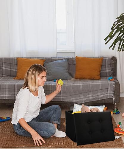 Miniatura 8 de Pequeña otomana plegable de almacenamiento, taburete otomano corto, reposapiés para sofá, reposapiés para dormitorio y sala de estar, acolchado con