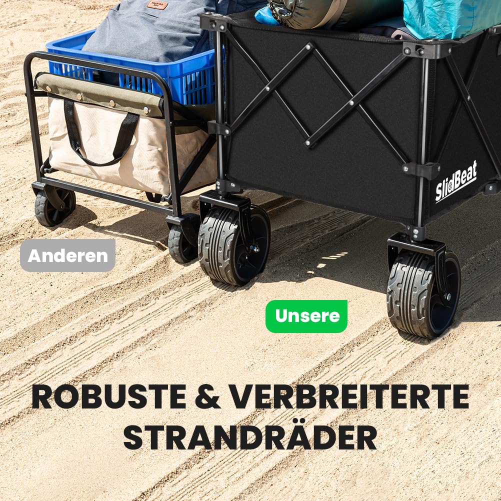 SLIDBEAT XXXL Bollerwagen Faltbar mit Bremsen, 300L 226KG Faltbollerwagen Große Räder, Getränkehalter Verstellbarem Griff Klappbar Bollerwagen Für Strand Garten Camping Shopping Transport Trolley