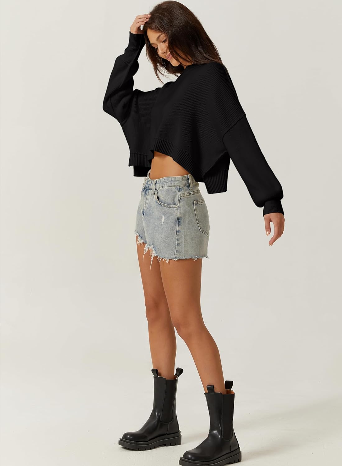 QINSEN Women's Mock Neck Cropped Sweater Long Sleeve Drop Shouler Oversized Knit Pullover Tops - Image 5