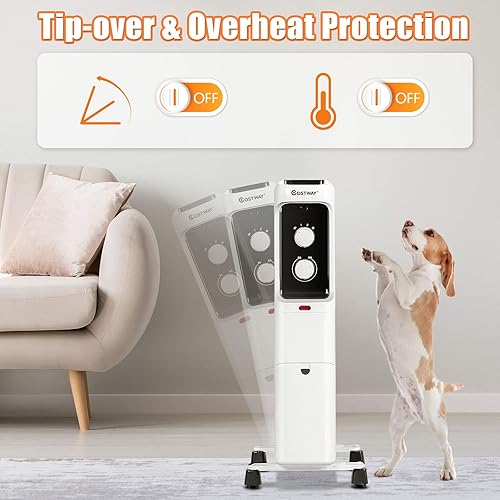 Miniatura 3 de COSTWAY Calentador de radiador lleno de aceite, calentador de aceite eléctrico de 1500 W con 3 modos de calefacción, termostato ajustable,