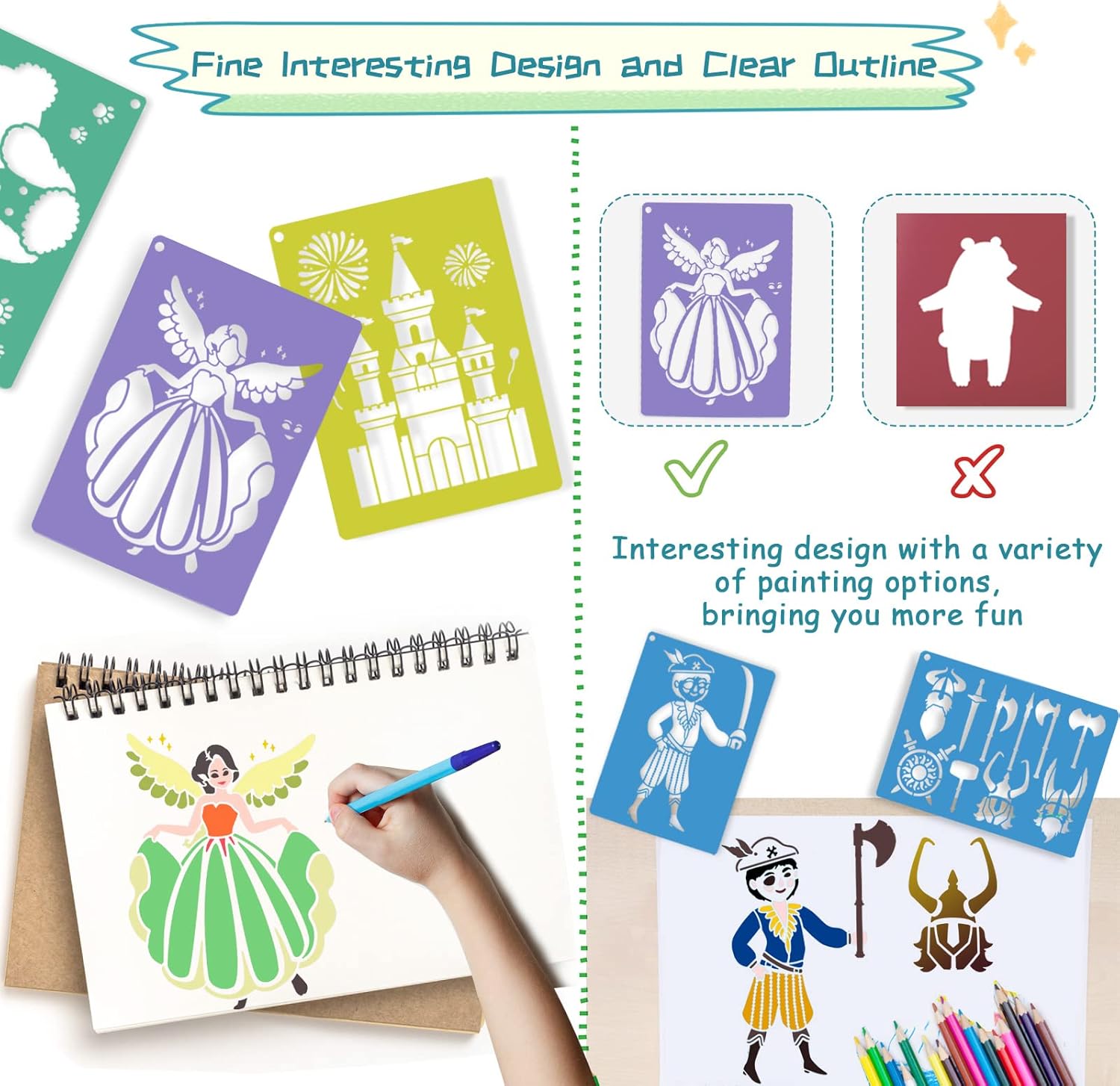 30 Pieces Stencils for Kids with 5 Pcs Scratch Paper, 7 x 9.85 Inch Large Sidewalk Chalk Stencils, Princesses Fairies Themed Primary Shape Template for Drawing on Sidewalk Floor Wall Home Decor