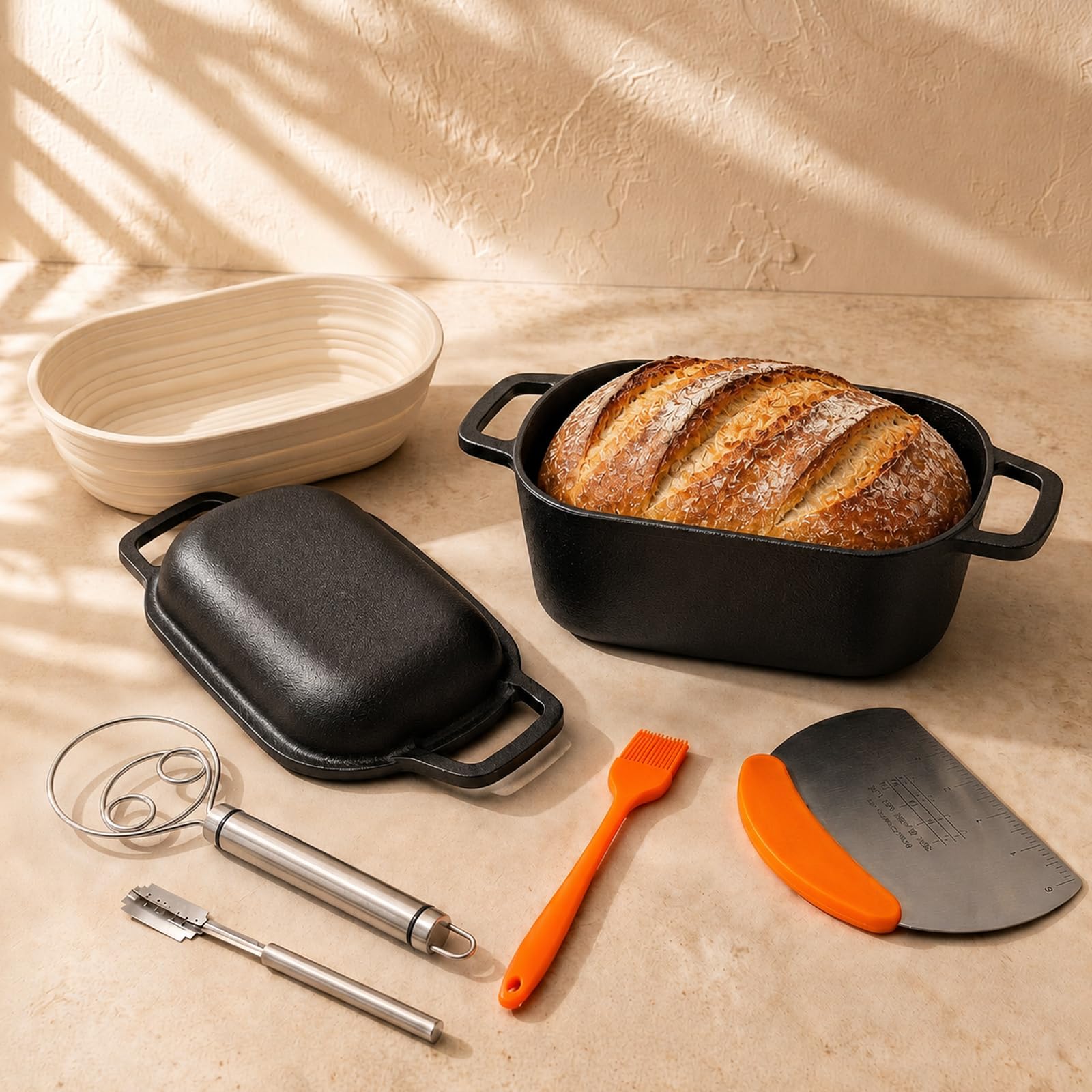 QuliMetal Brotbackform mit Sauerteig-Brotback-Set, ovaler Sauerteig-Brottopf mit Deckel, vorgebrannt,3.4L, strapazierfähig, hausgemachte Brotherstellung