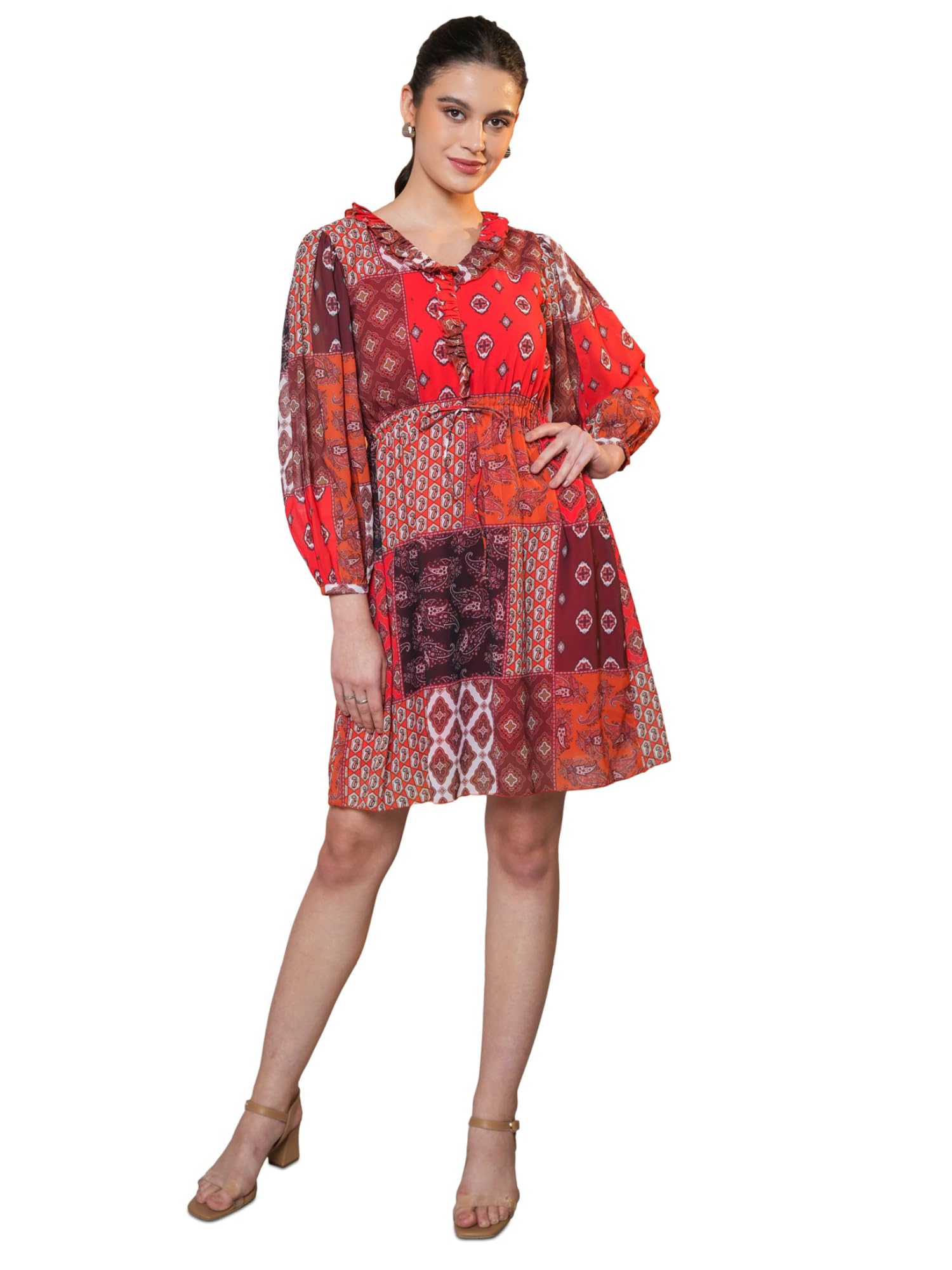 Purvaja Womens Fit & Flare Knee Length Dress (Floe-003_Red_Small)