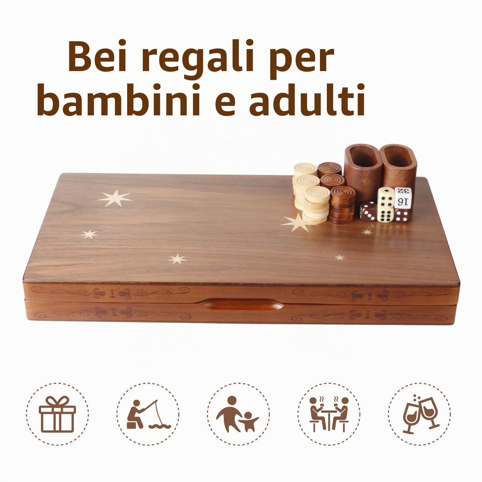 Syrace Set da Backgammon in legno intarsiato, classico portagiochi da tavolo strategico di grandi dimensioni da 40 cm, Backgammon con pedine Checkers per adulti e bambini