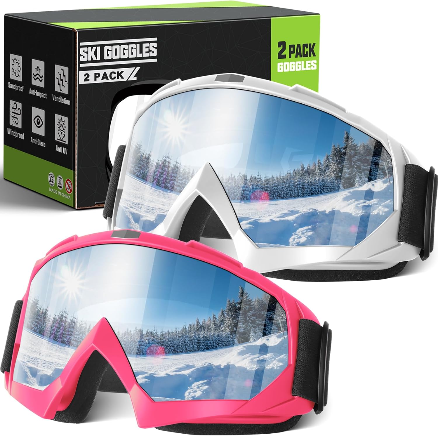 OXG Ski Snowboard Goggles Men Women UV Protection OTG 2-Pack Adult Youth Durable Winter Snow Sports Gear