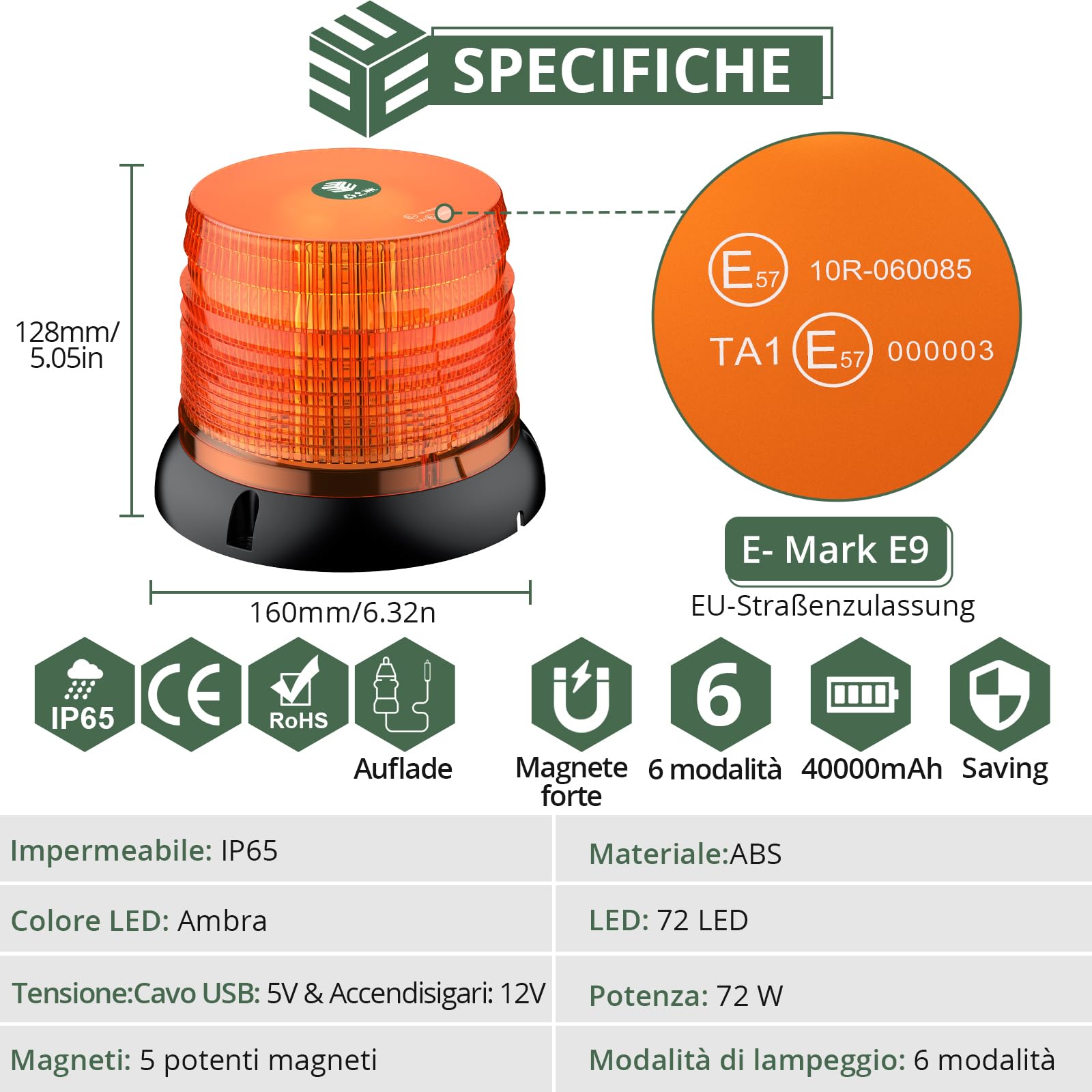 EYPINS 72 LED 72 W Luce Lampeggiante Senza Fili con Telecomando, Luce Rotante con Accendisigari e Cavo di Ricarica USB,Base Magnetica,E57/IP65,Coperchio Ambra,per Auto Trattore,Camion,12 V/24 V