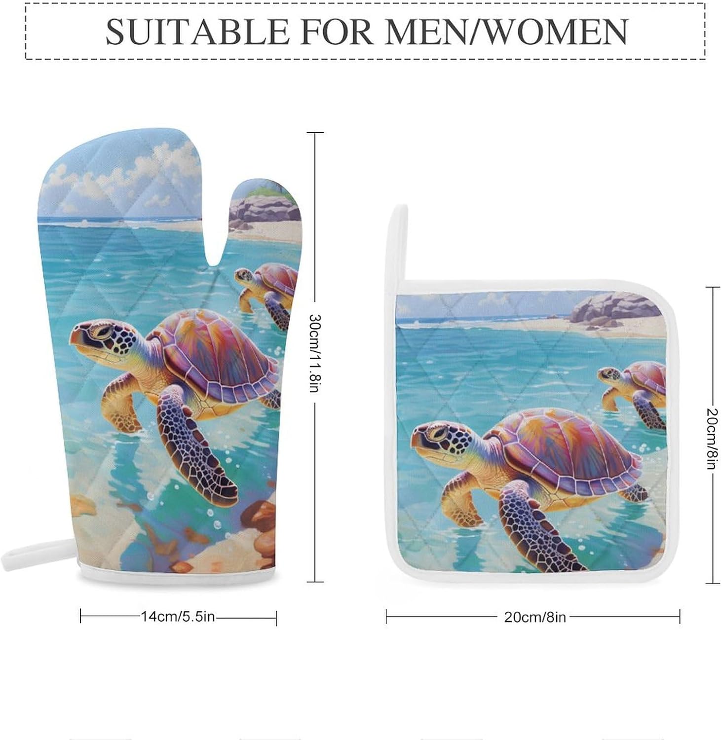 Ocean Animal Sea Turtles 4 Pcs Oven Mitts and Pot Holders Set High Heat Resistant Long Kitchen Oven Glove Potholders