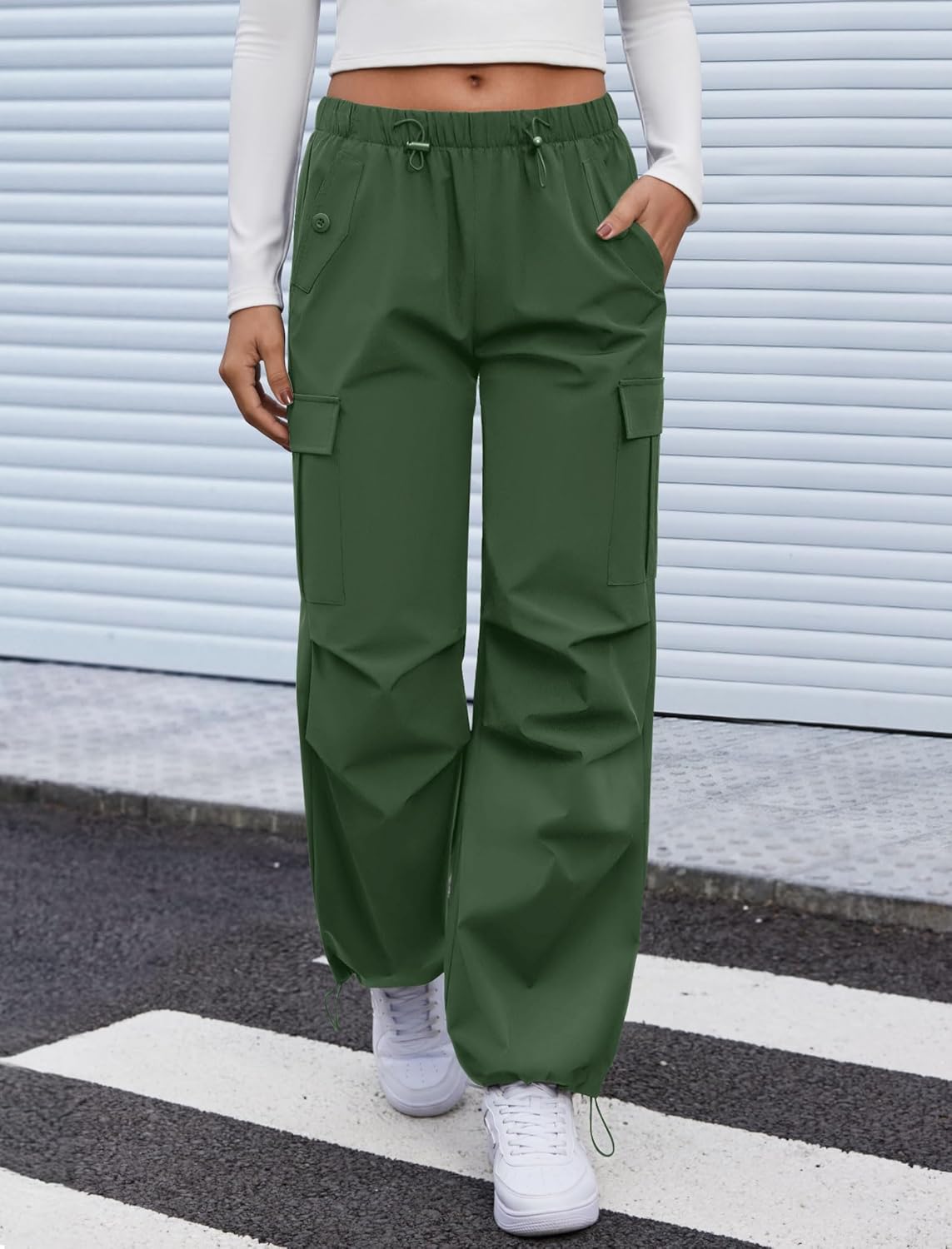 Cargo Pants Women Elastic Waisted Parachute Hiking Pants with Pockets Water-Resistant Lightweight Baggy Pants - Image 2