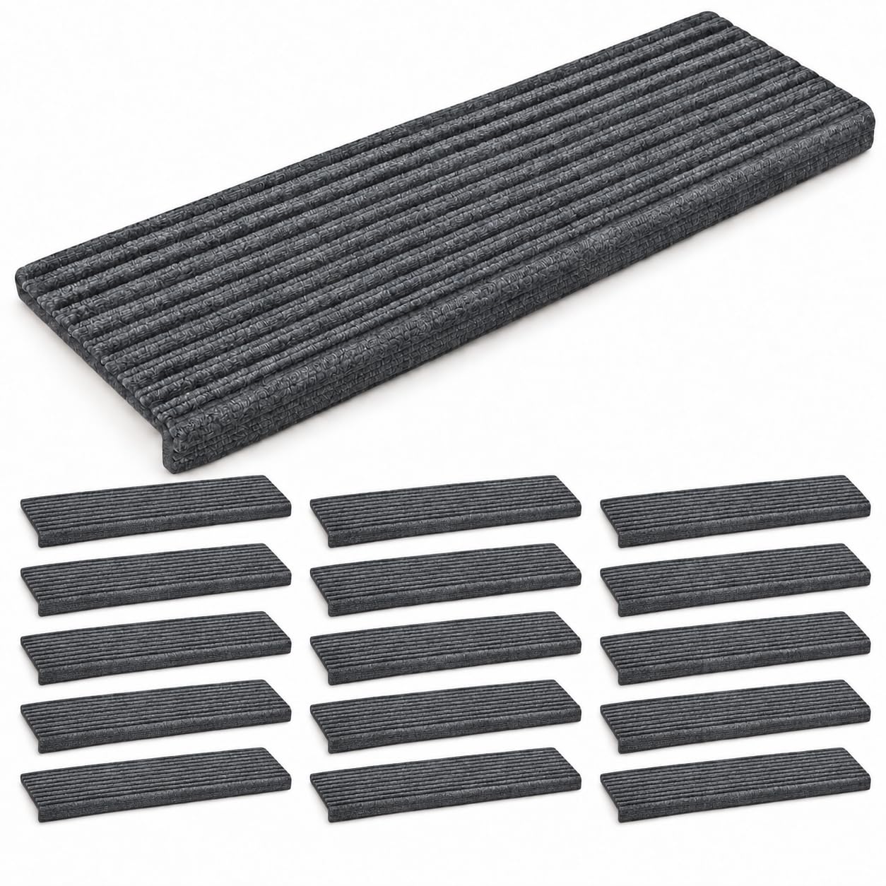 BREEZENEST 15pcs Stair Pads – Non-Slip Carpet Step Protectors, Reusable Stair Mats for Home Indoor Use, Safe & Comfortable for Kids, Pets & Elders (Dark Grey, 60x23cm)