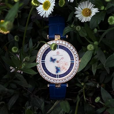 Women's Watch Butterfly Watches for Women Moving Butterflys Hands with Genuine Leather Strap Bee Watches for Women BLACK BY BLUE BRAVE Butterfly Lovers, Sapphire Crystal Glass combining Cubic Zirconia Stones and 3.5mm Synthetic Crystal Women's Wrist Watch