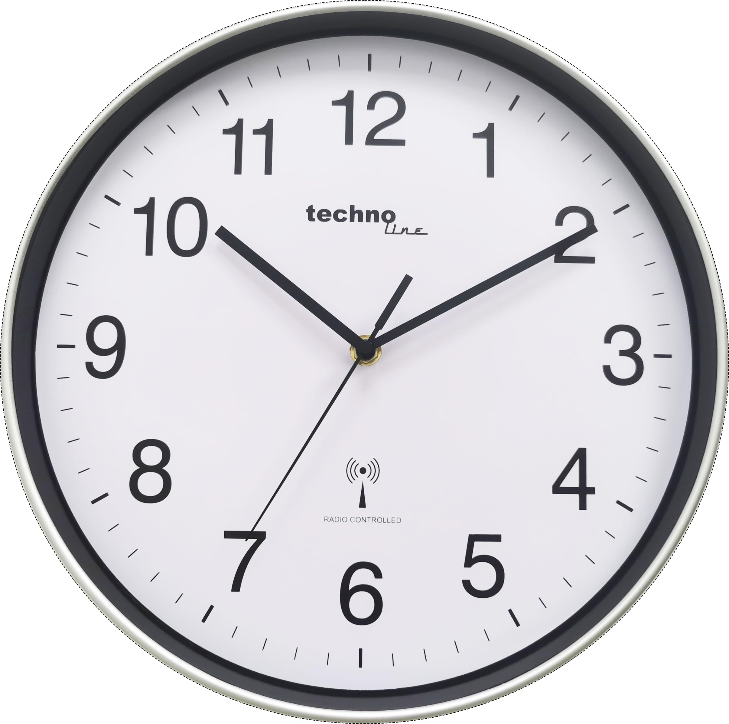 Technoline WT8030 Classic Radio-Controlled Wall Clock Silver Frame White Dial Black Numerals Diameter 30 cm